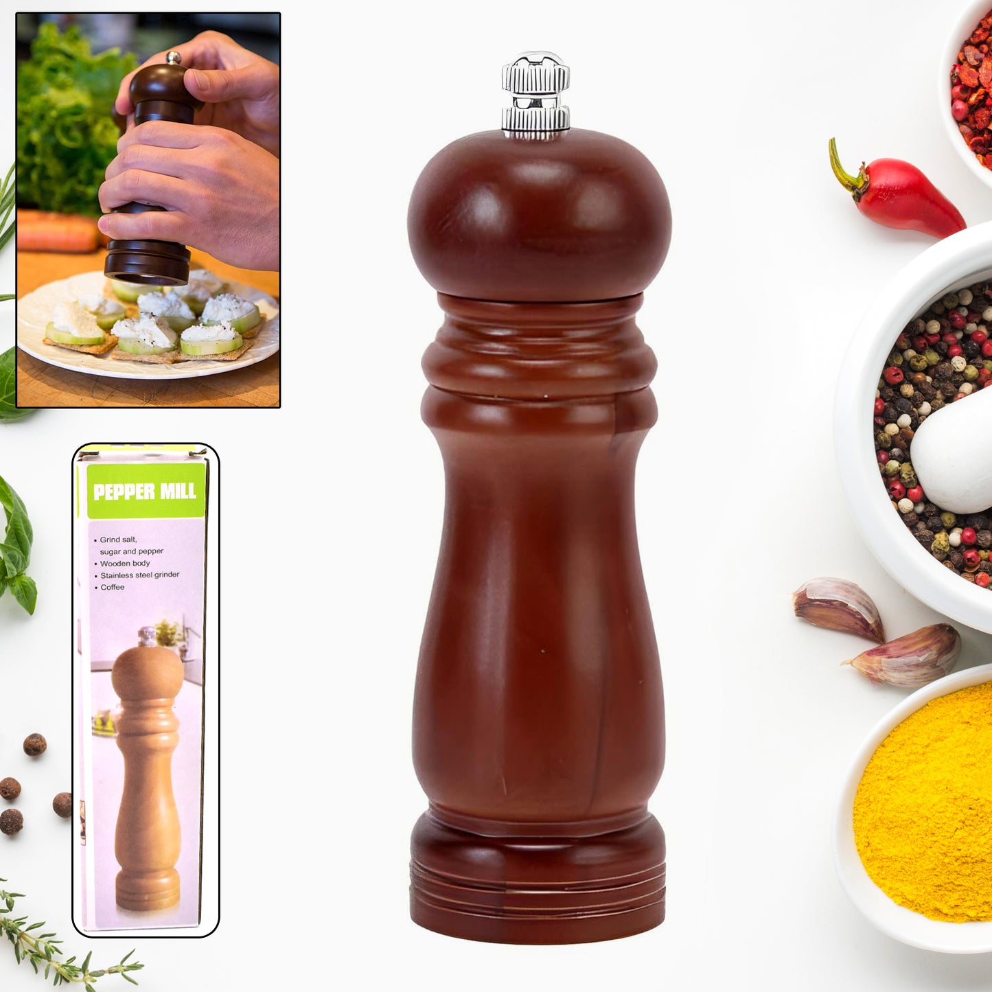 Wooden Pepper Mill Grinder, 8 Inch Tall - Adjustable Ceramic Grinder (1 Pc) - Happy Price - Image 2