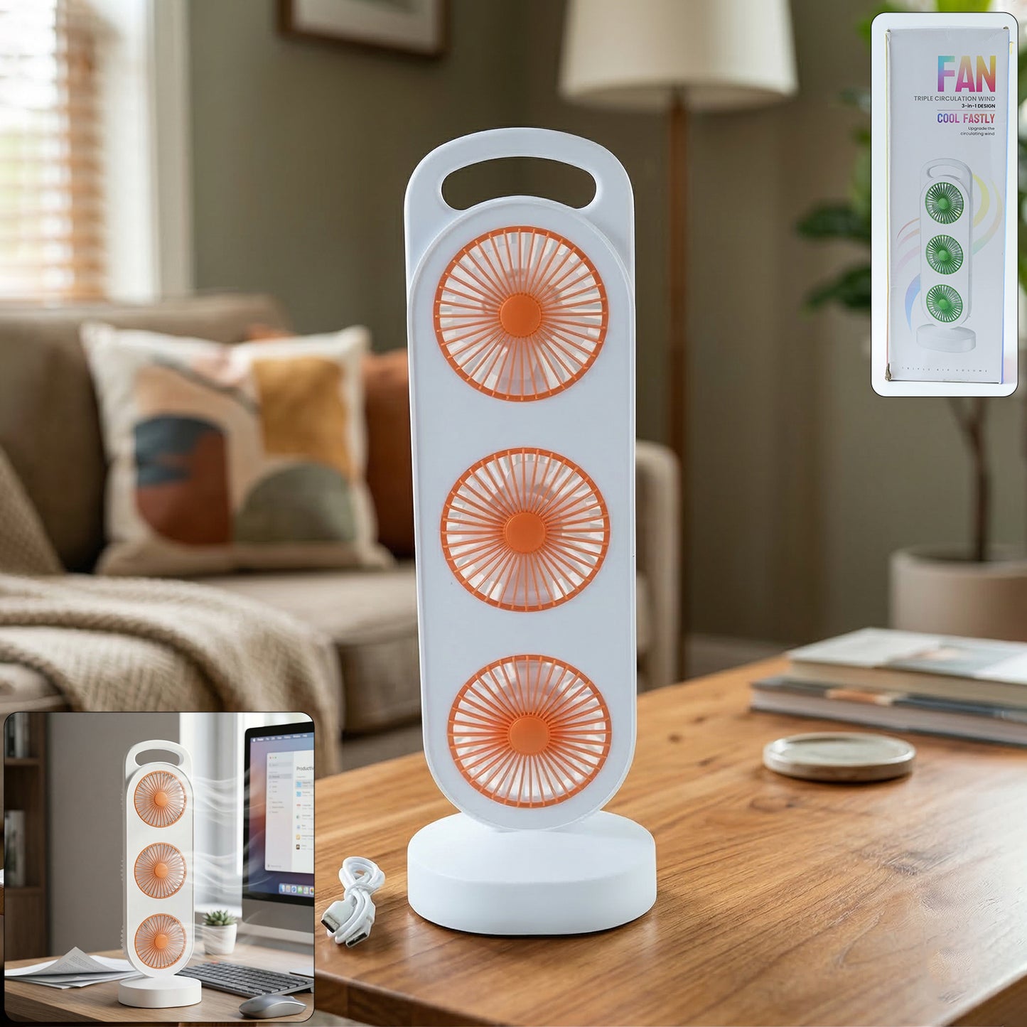 Portable Triple Head Table Fan - USB Rechargeable Personal Air Cooler (1 Pc) - Great Price - Image 2