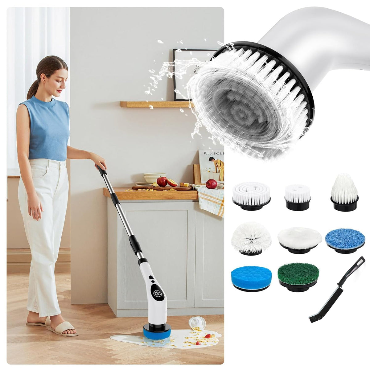 9-in-1 Electric Spin Scrubber Set with Extendable Handle & LCD Display - Happy Price - Image 7