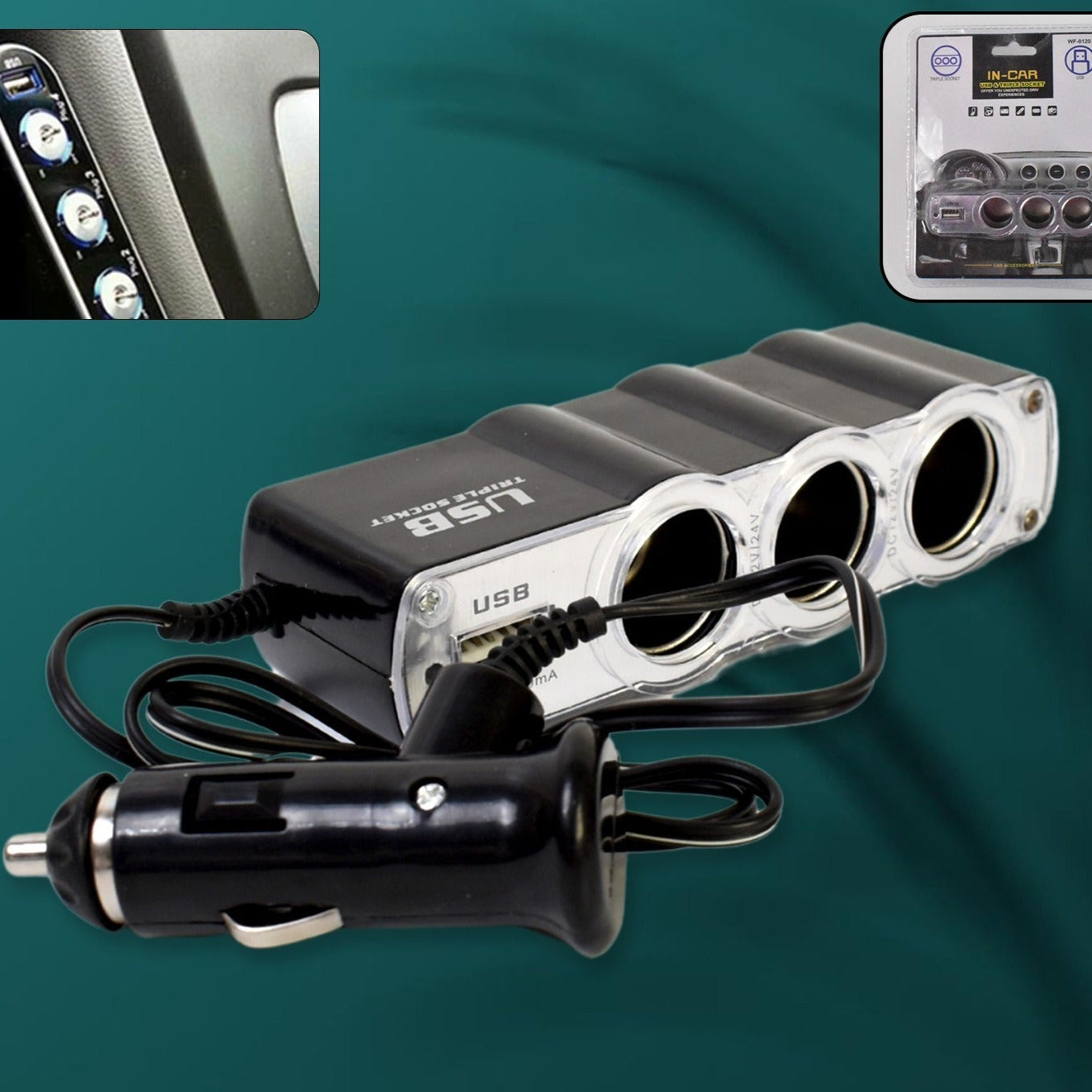 Triple 3 Way Car 12v Lighter Socket Splitter Usb Charger Power Adapter - Happy Price - Image 1