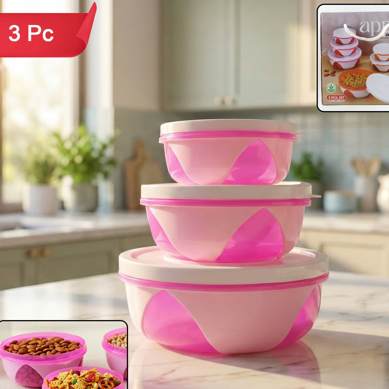 Apple Set of 3 Plastic Food Storage Containers with Lids - Pink & White - Happy Price - Image 1