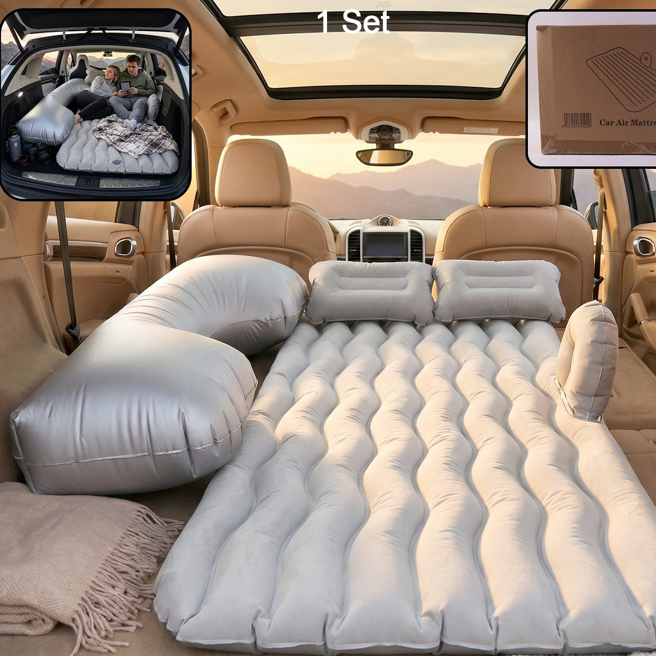 Grey Portable Car Air Bed with Pump & Pillows for SUV Travel - Happy Price - Image 1