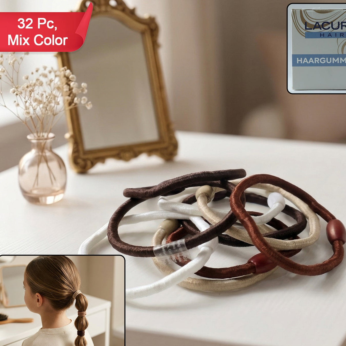 32 Pc Mix Color Soft Elastic Hair Bands - Gentle Hold Hair Ties for Women & Girls - Great Price - Image 1