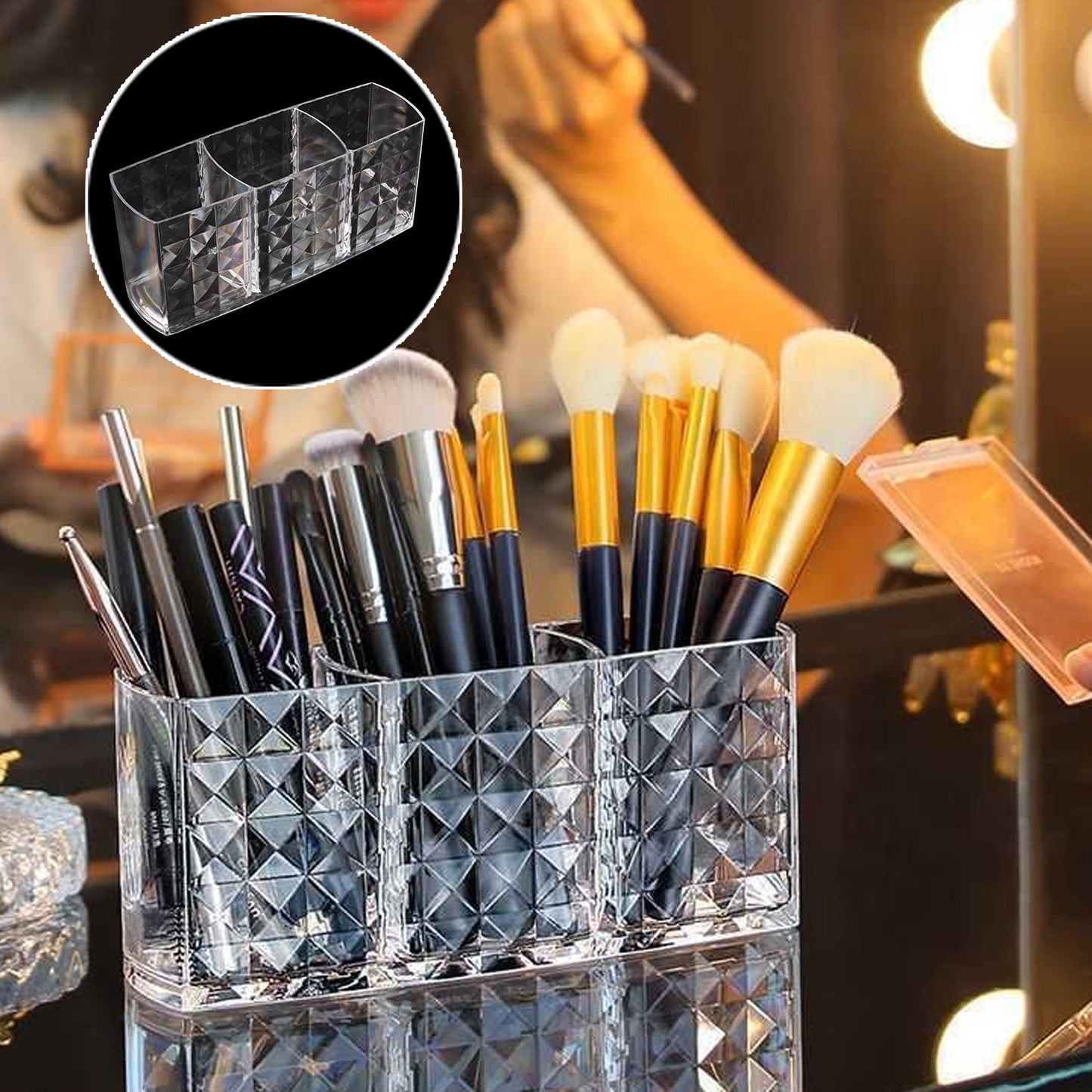 Elegant Crystal-effect 3-compartment Acrylic Makeup Brush Holder (1 Pc) - Happy Price - Image 4