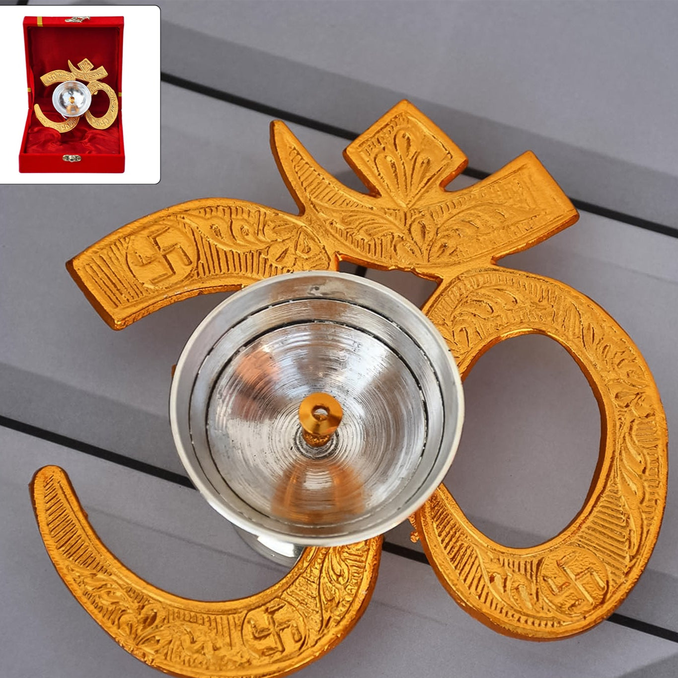 Om Symbol Brass Oil Diya with Silver Polish Bowl - 1 Pc - Happy Price - Image 1