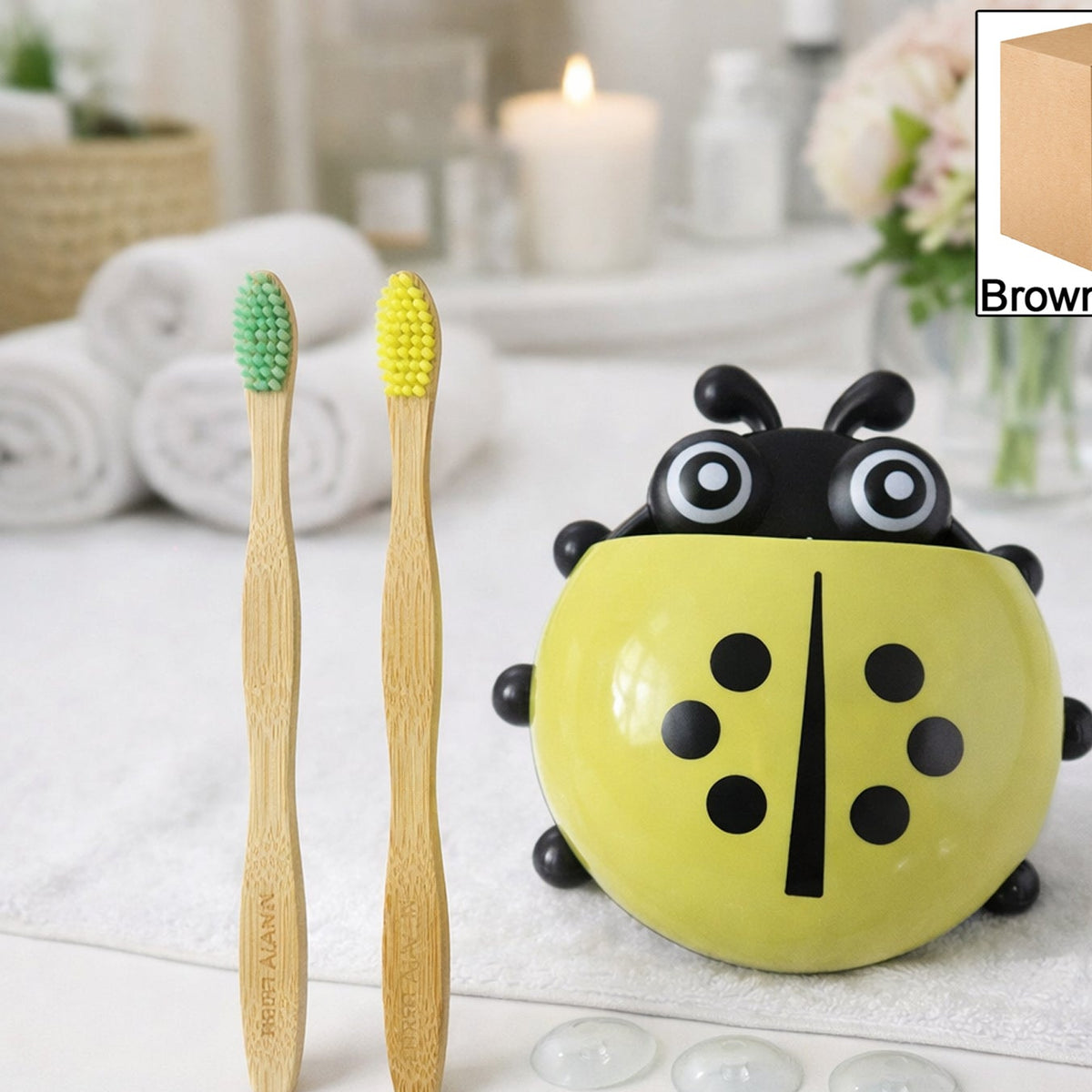 Cute Ladybug Toothbrush Holder with Bamboo Toothbrushes - Wall Mount Organizer - Happy Price - Image 1