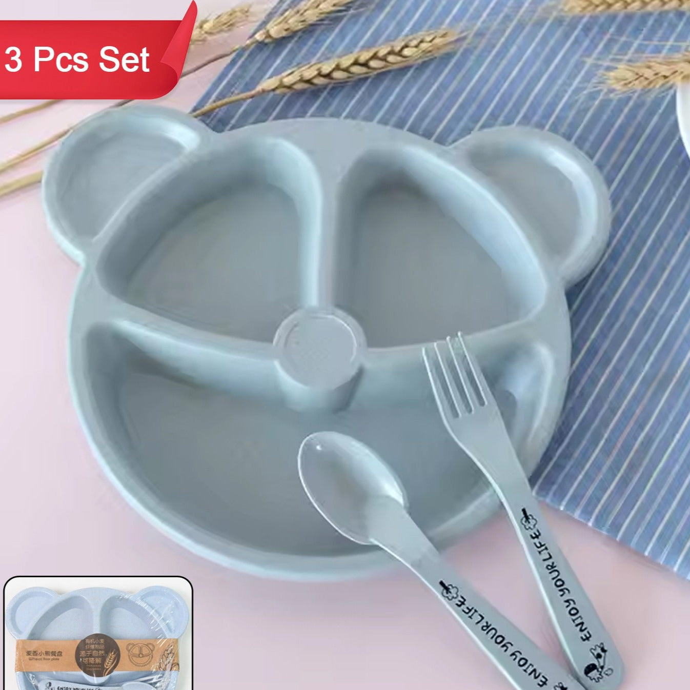 Kids 3 Compartment Food Tray Plates With Spoon Fork (1 Set) - Happy Price - Image 1