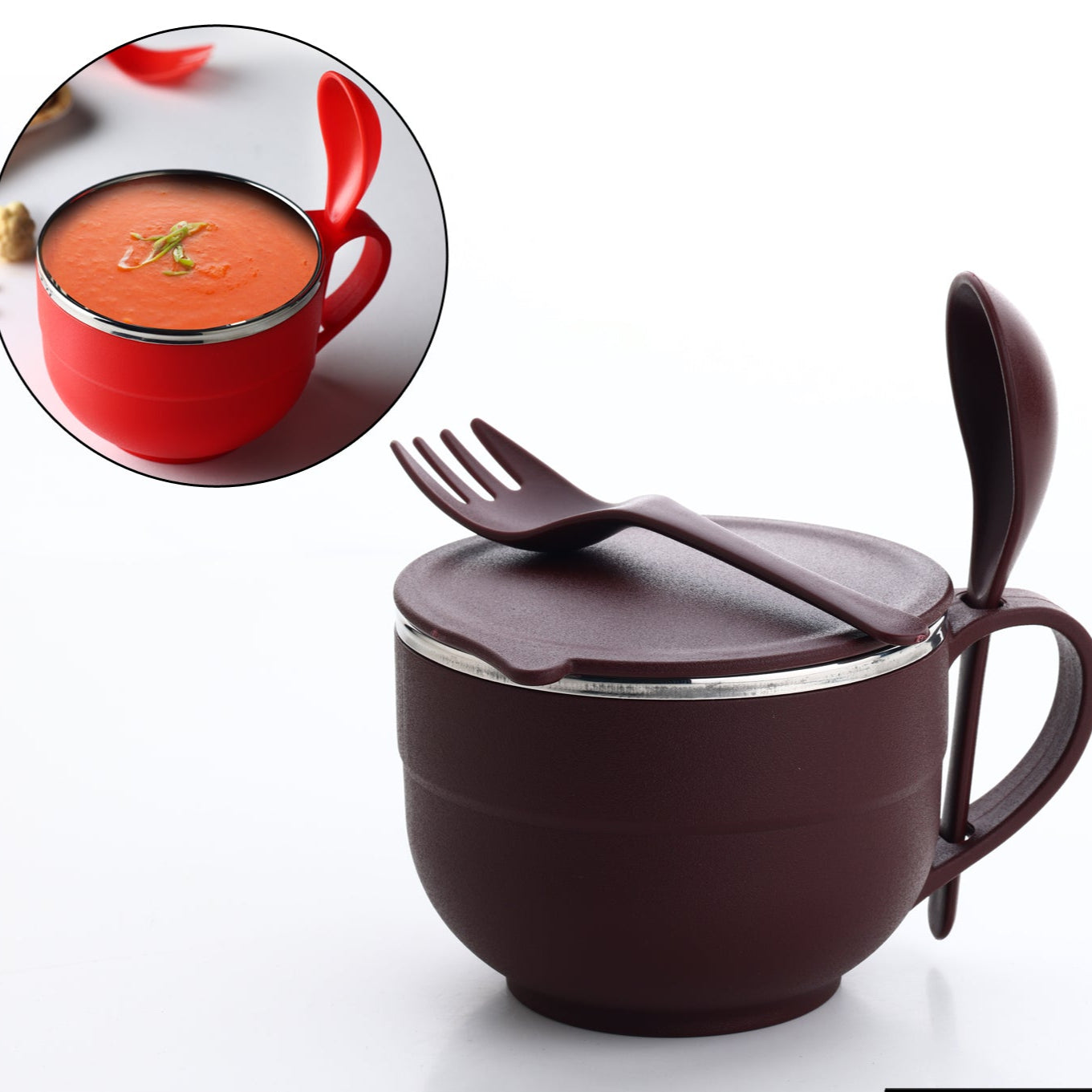 Noodles Soup Bowl With Spoon And Fork Handle Spoon Holder Stainless Steel Bowl And Spoon Set Stainless Steel Storage - Happy Price - Image 1