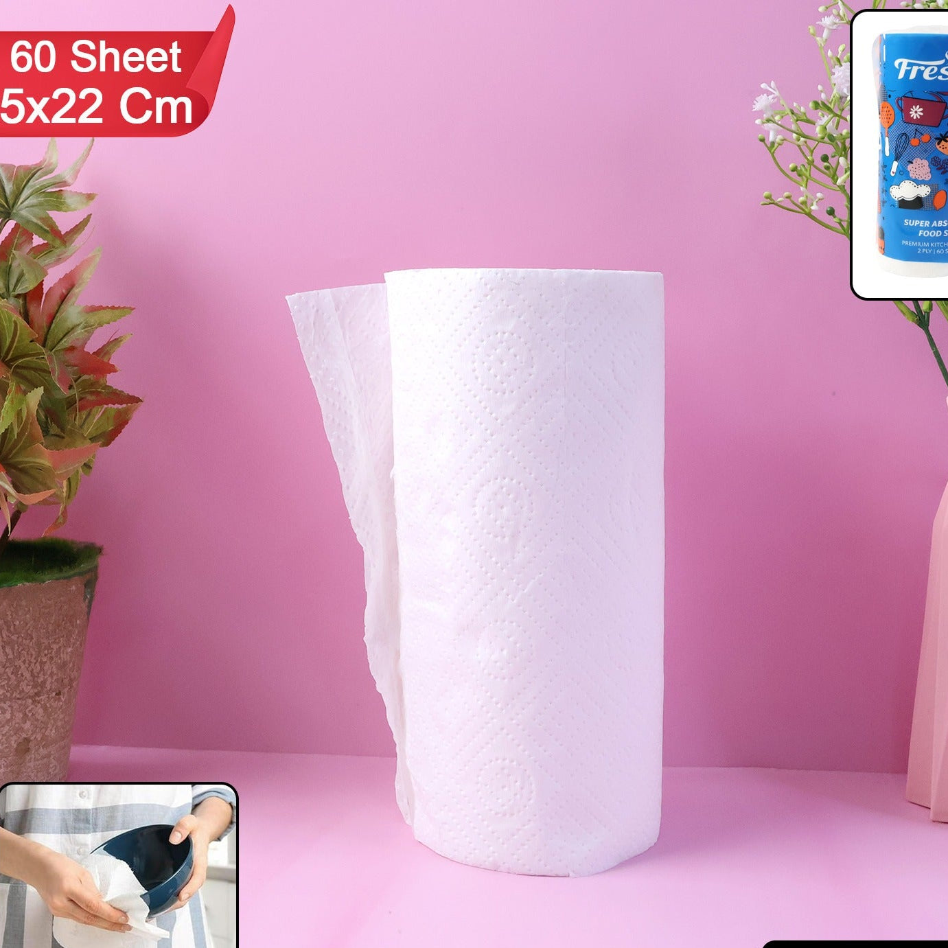 Kitchen Paper Towel Roll - 60 Absorbent Sheets (21.5 x 22 cm) - Happy Price - Image 1