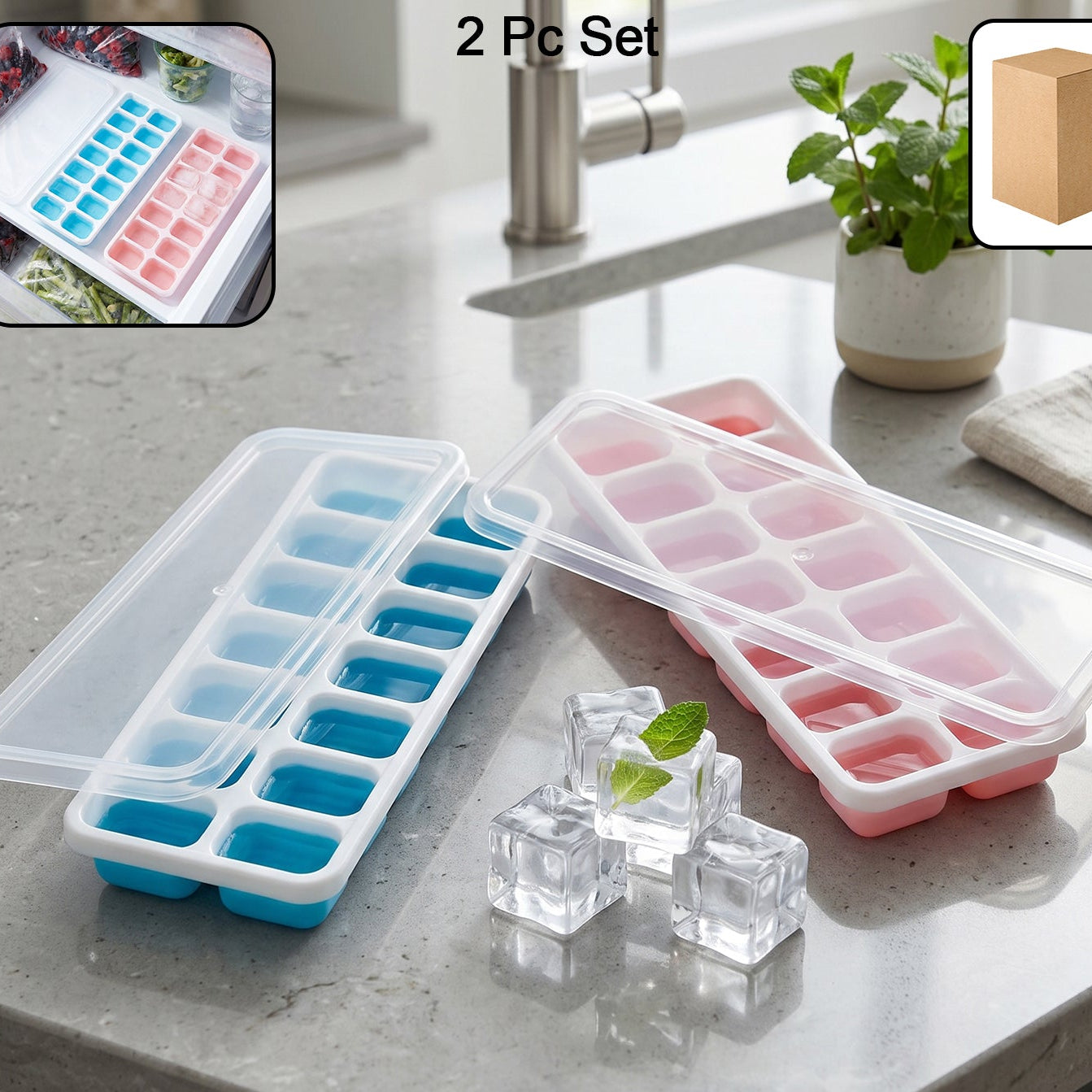 Set of 2 Plastic Ice Cube Trays with Lids - 14 Grids Each - Happy Price - Image 1