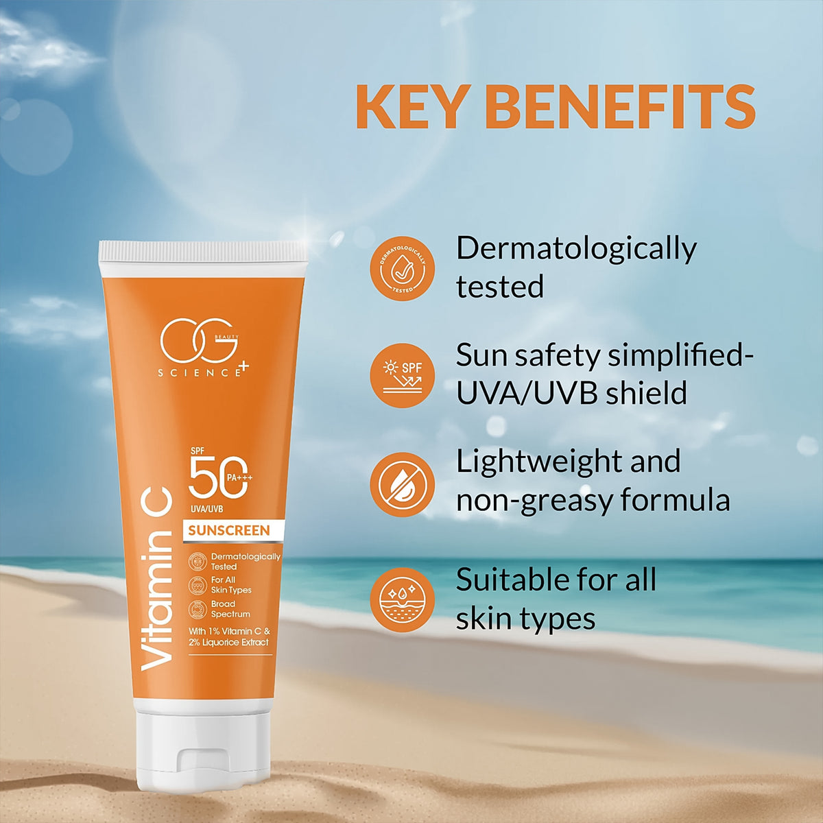 Vitamin C Sunscreen SPF 50 PA+++, 50ml Tube - Brightening & Anti-Aging Sun Protection - Happy Price - Image 6
