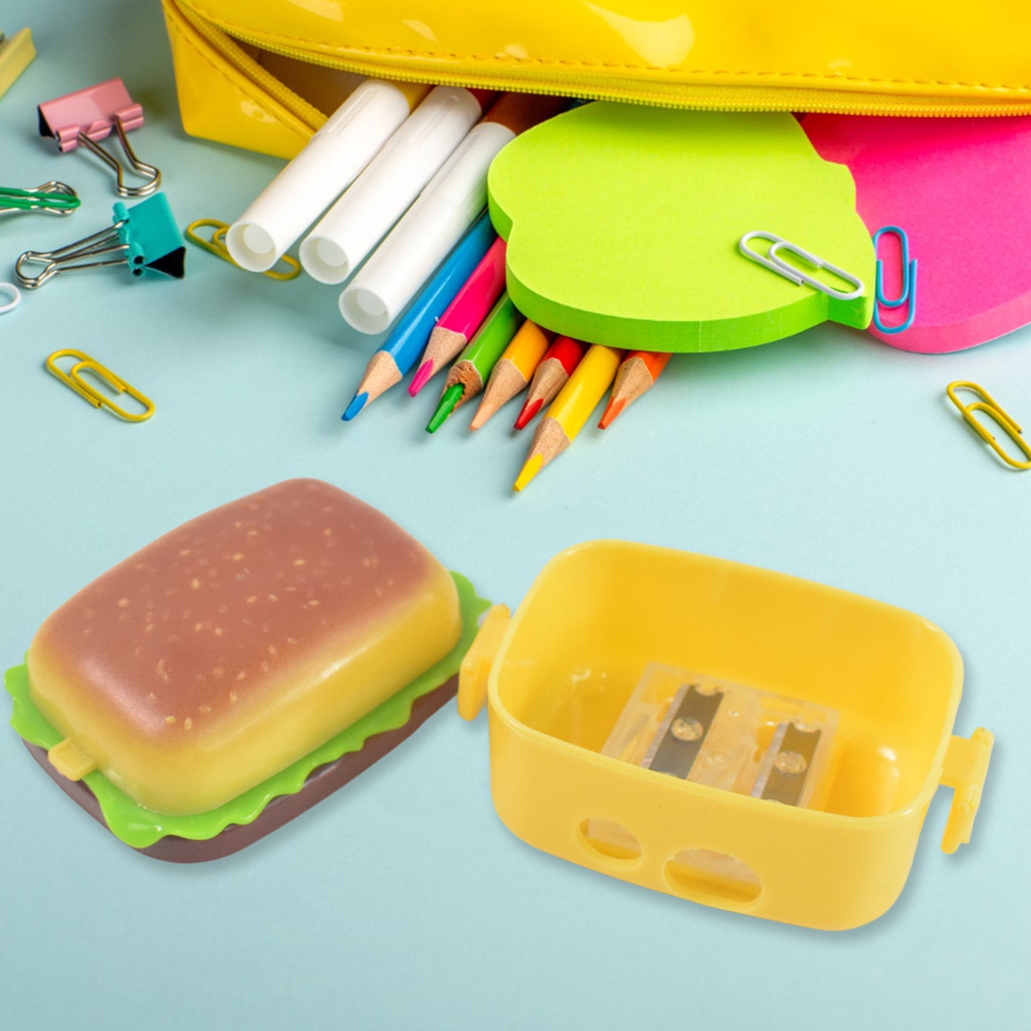 Plastic Burger Shape Small Size Double Hole Sharpener With Eraser (1 Set) - Happy Price - Image 2