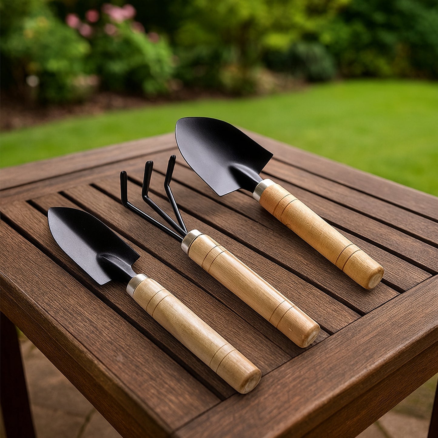 3 Piece Garden Tool Set with Wooden Handles - Trowel, Transplanter, Rake - Happy Price - Image 3