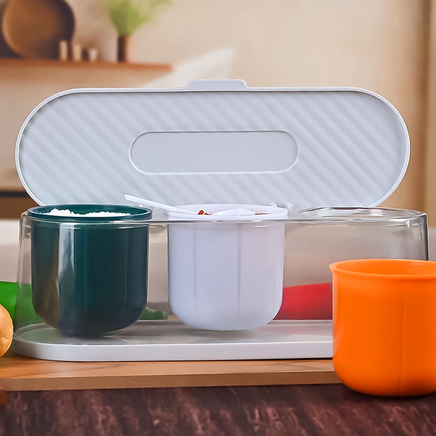 Home Kitchen 3 Grid Seasoning Spice Masala Box Kit With Spoon (Multicolor 1 Set) - Happy Price - Image 5