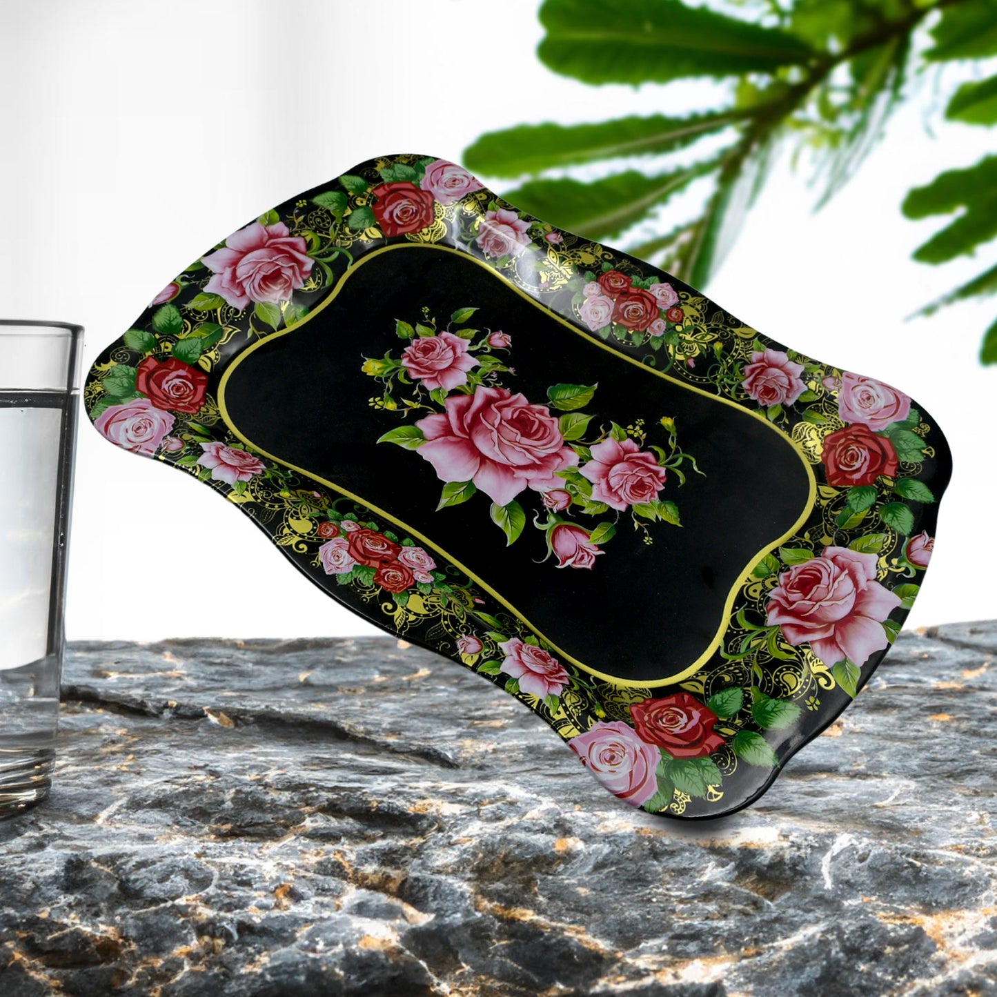 Stainless Steel Serving Tray With Flower Printed Rectangle Premium Dining Table Plate (18 X 8.5 Inch 1 Pc) - Happy Price - Image 6