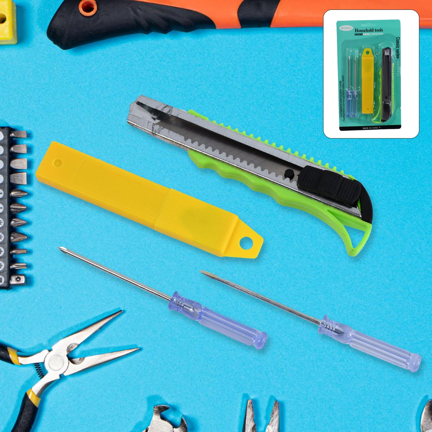Heavy Duty Working Cutter Knife With Replacement Blade 2 Screwdriver Hand Tool (4 Pc Set) - Happy Price - Image 2