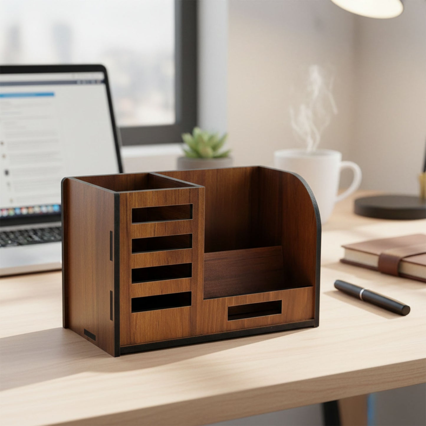 Wooden Desk Organizer with Phone Stand, Pen & Card Holder - 1 Pc - Happy Price - Image 6