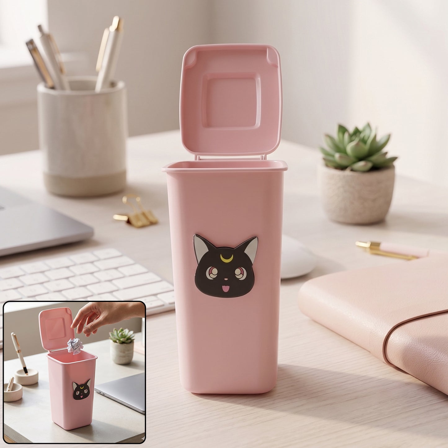Creative Mini Trash Can Shape Pen Stand With Lid (1 Pc)