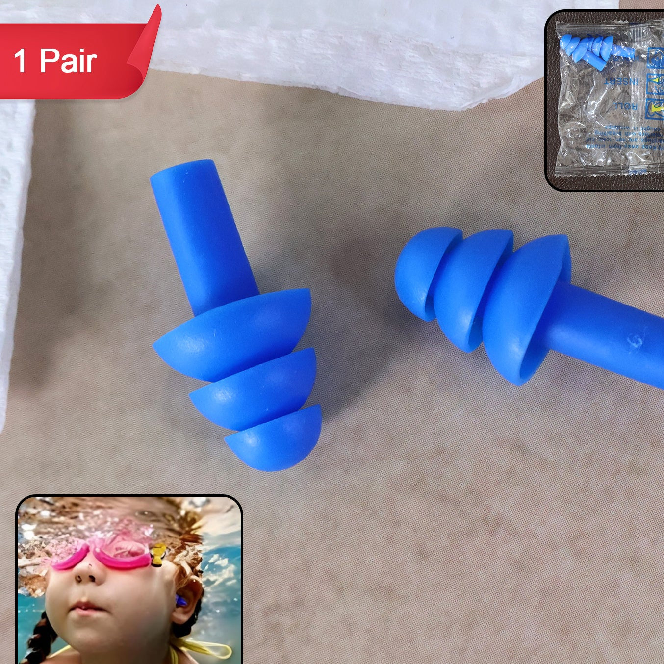 Reusable Silicone Ear Plugs for Swimming - Triple Flange Design, 1 Pair - Happy Price - Image 1