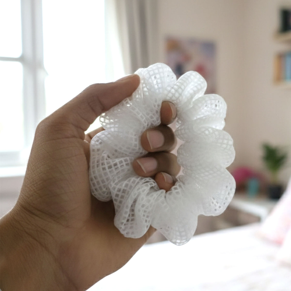 White Mesh Fabric Hair Scrunchie for Ponytails & Buns (1 Pc) - Happy Price - Image 3