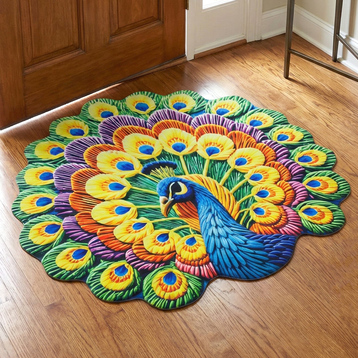 Peacock Print Round Floor Mat 1 Pc 58x58 Cm - Anti-Slip Home Decor Rug - Great Price - Image 3