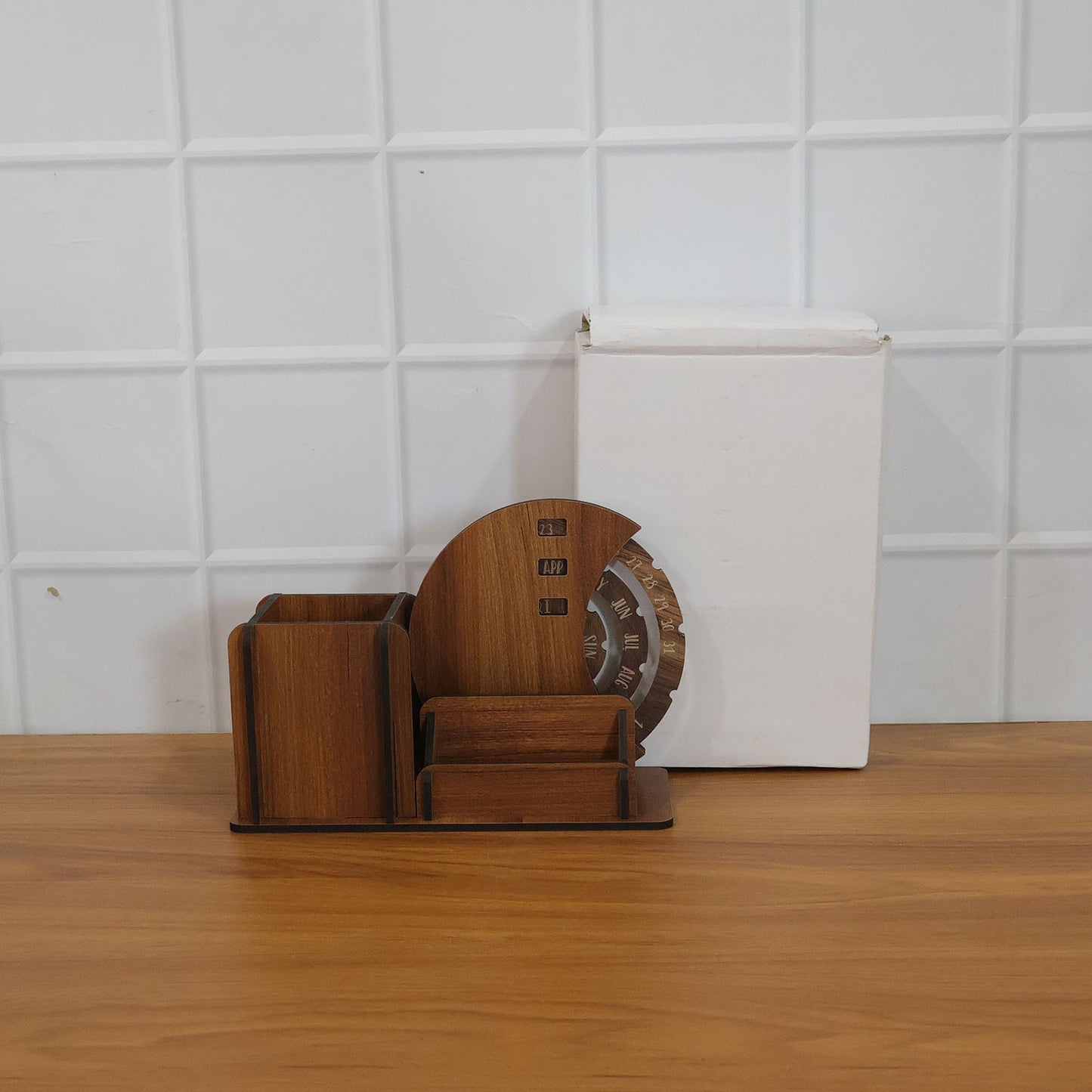 Wooden Desk Organizer with Pen Stand, Card Holder & Rotating Calendar (1 Pc) - Happy Price - Image 6
