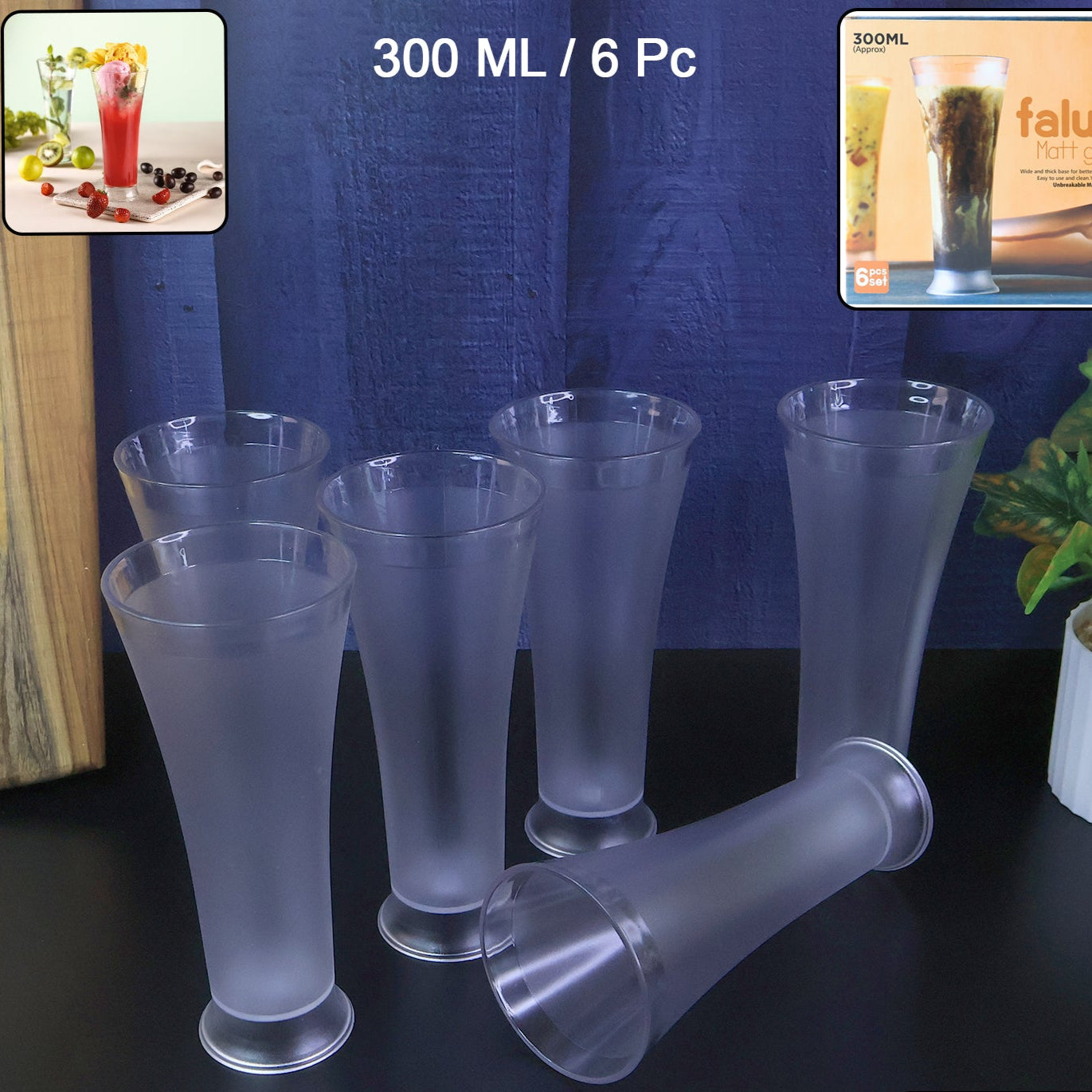 Set of 6 Tall Matt Finish Plastic Glasses - 300ml Each for Faluda & Beverages - Happy Price - Image 1