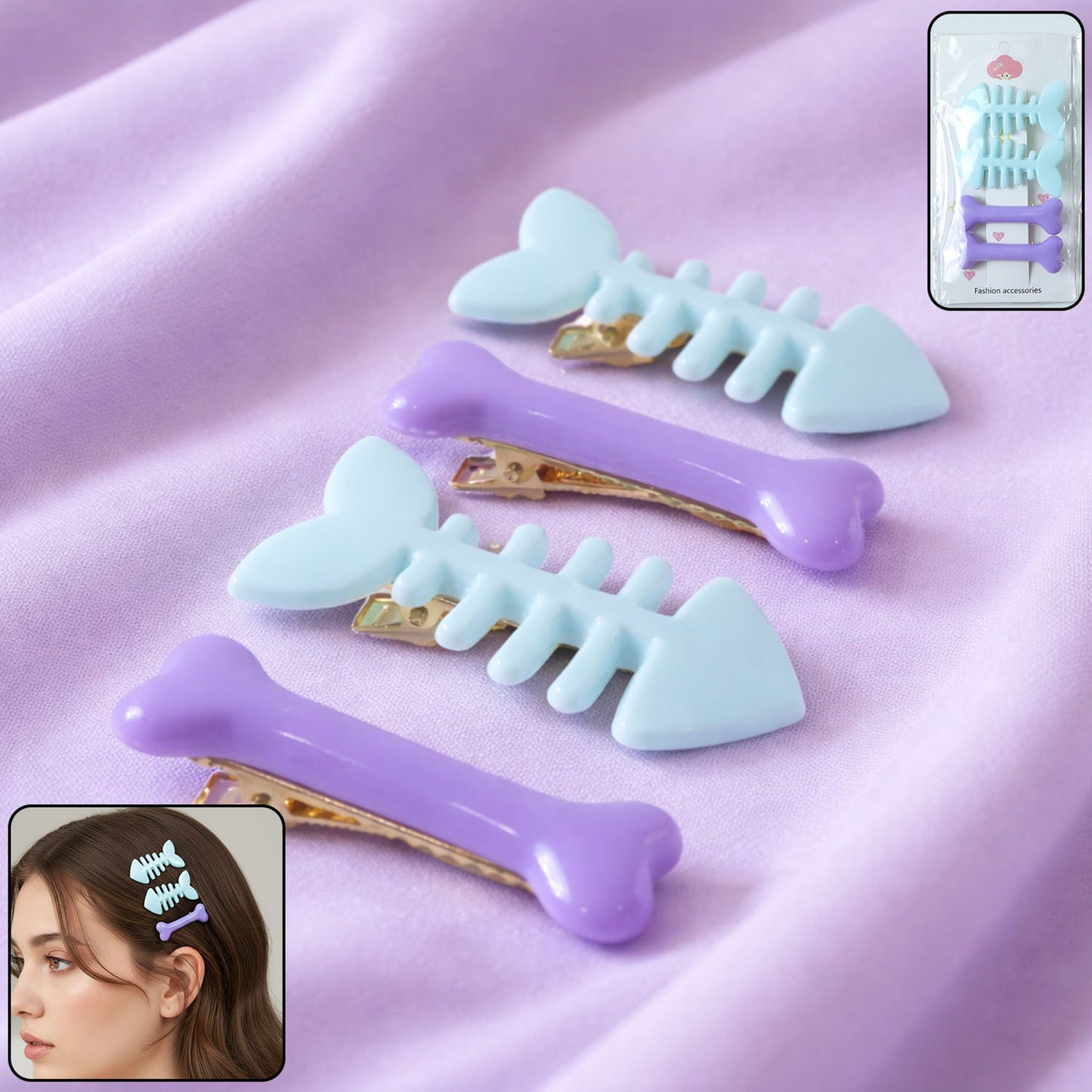 Cute Fishbone & Bone Shape Hair Clip Set (4 Pc) - Happy Price - Image 2