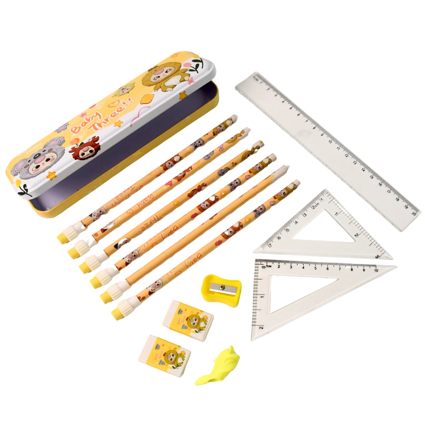14-in-1 Kids Stationery Set with Cartoon Metal Pencil Box, Printed Pencils, Geometry Tools - Great Price - Image 7