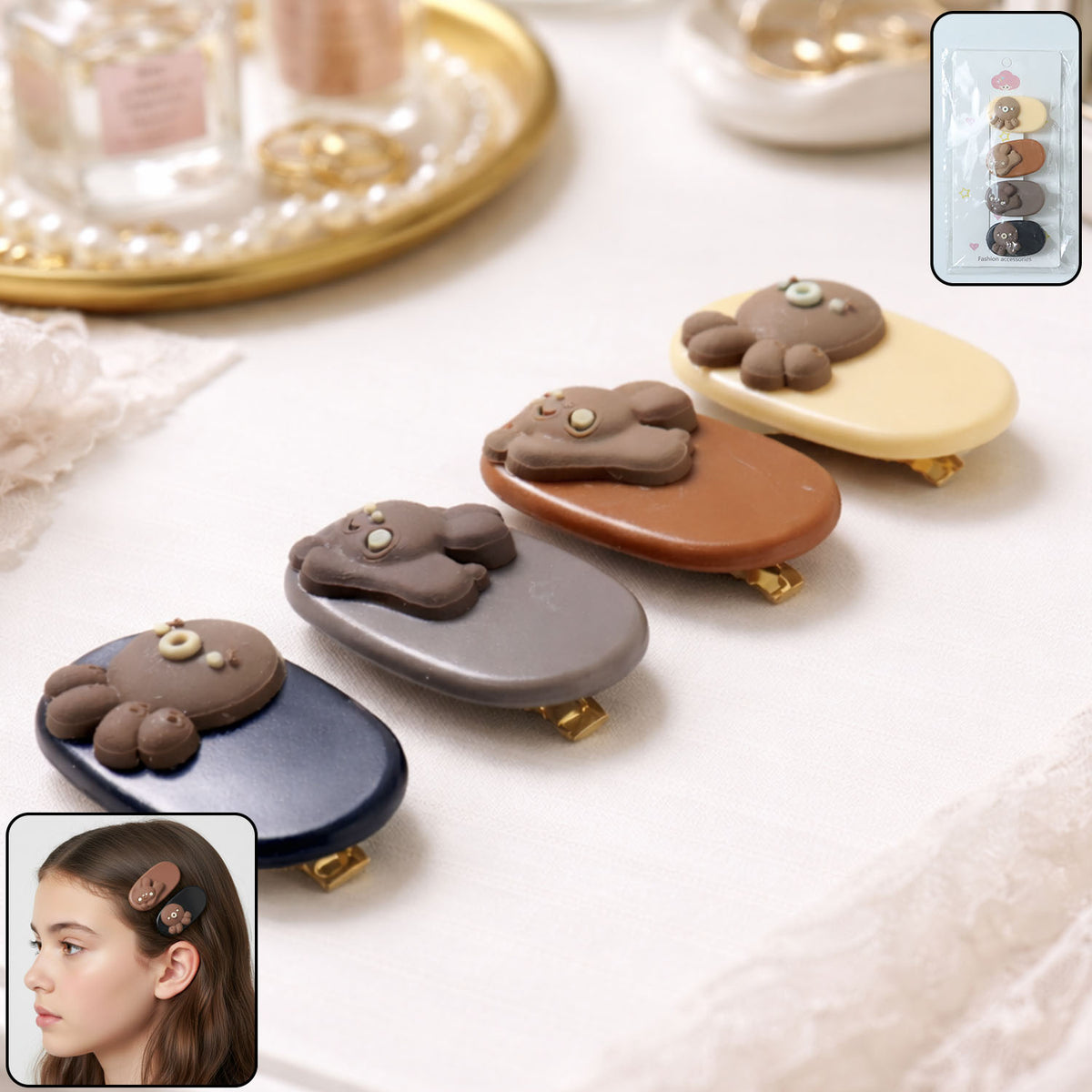 Cute Cartoon Bear Hair Clips for Girls - 4 Pc Set - Happy Price - Image 2