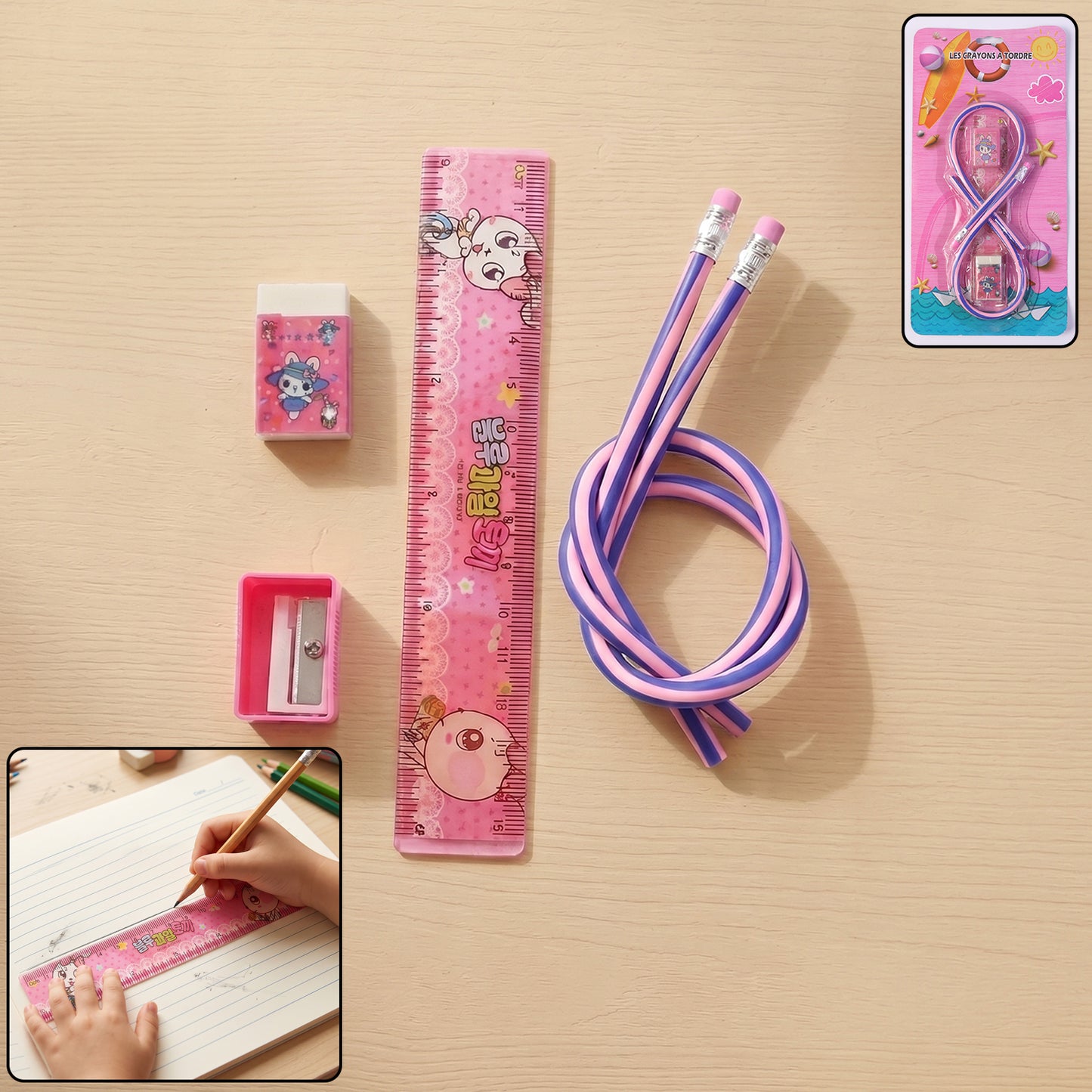 5-in-1 Kids School Stationery Kit with Flexible Pencils & Cartoon Prints - Happy Price - Image 2