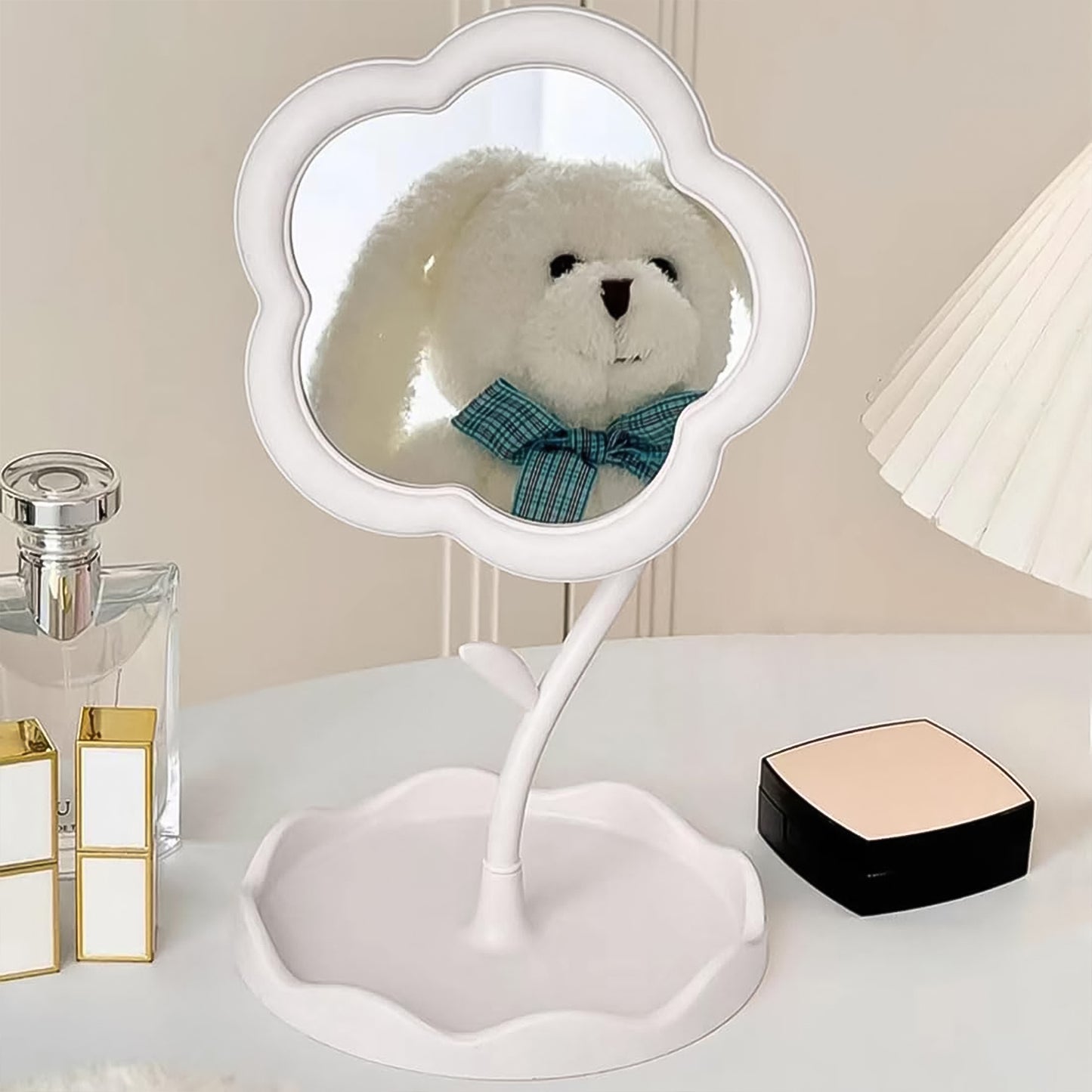 Flower Shaped Rotating Makeup Mirror with Tray - Tabletop Vanity - Happy Price - Image 3
