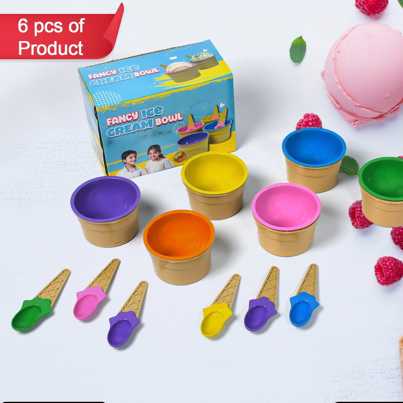 Ice-cream Waffle Spoon Bowel Cup Set Premium Ice Cream Set Ice-cream Bowel With Spoon 6 Units Couple Bowl Set Color Box - Happy Price - Image 1