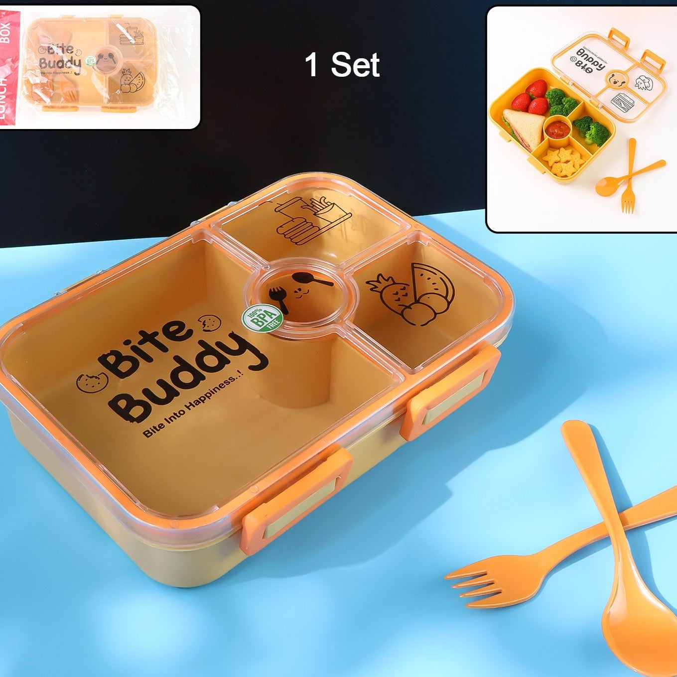 Bite Buddy 4-compartment Leak-resistant Plastic Lunch Box With Spoon Fork - Happy Price - Image 1