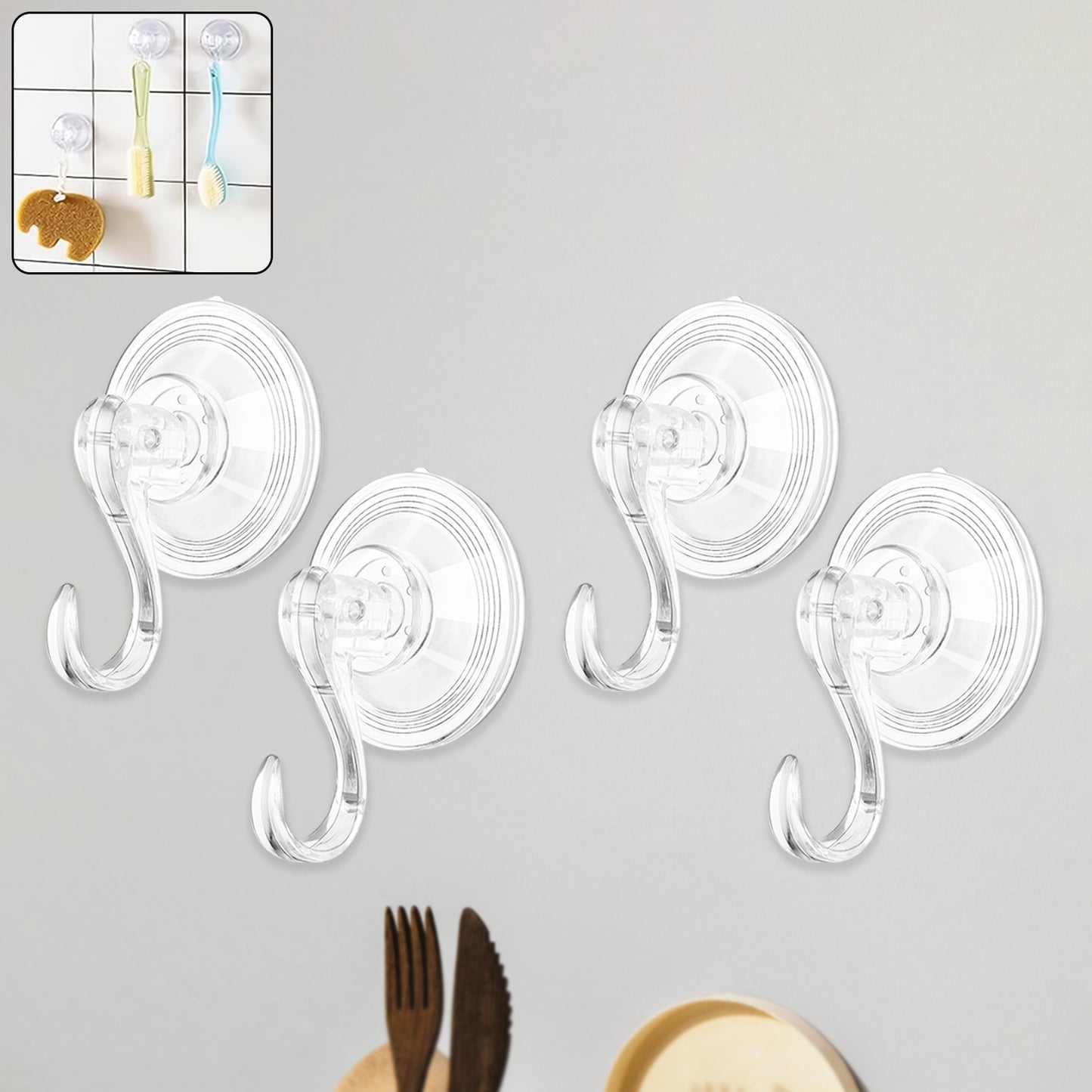 Plastic Suction Cup Hooks - 4 Pcs Set, Removable & Reusable Transparent Hangers - Happy Price - Image 3