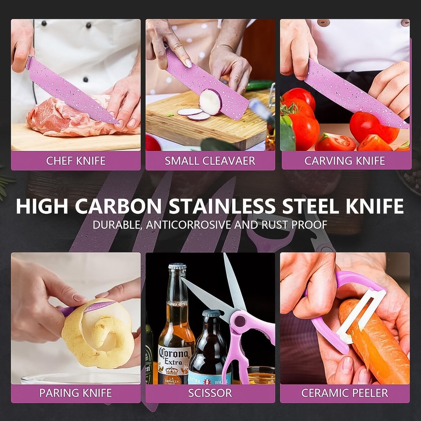 Stainless Steel Non Stick Ceramic Coating 6 Pcs Chef Kitchen Knife Set With Scissor Peeler - Happy Price - Image 6