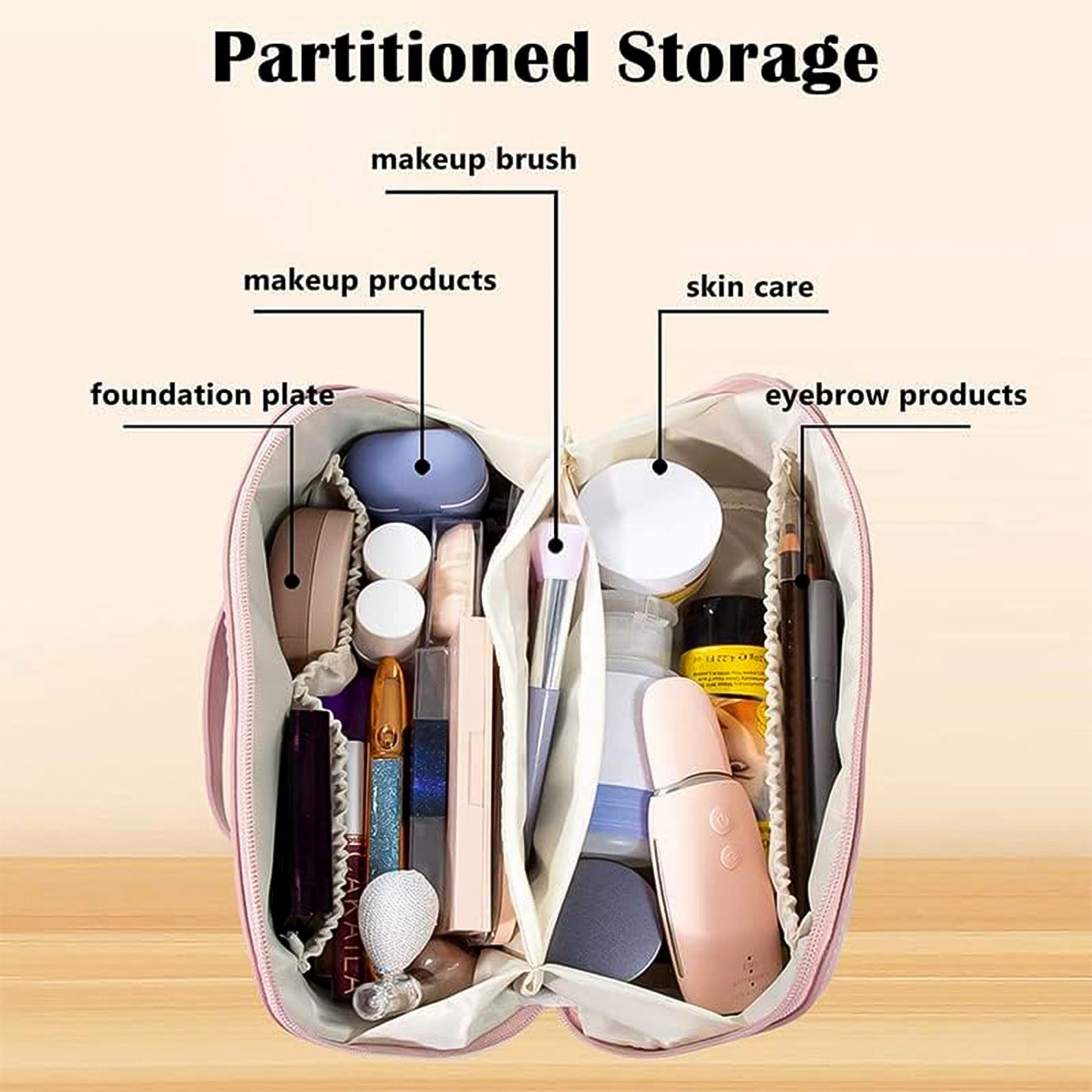 Premium Peach Travel Makeup Toiletry Organizer Pouch With Zipper Handle (1 Pc) - Happy Price - Image 3