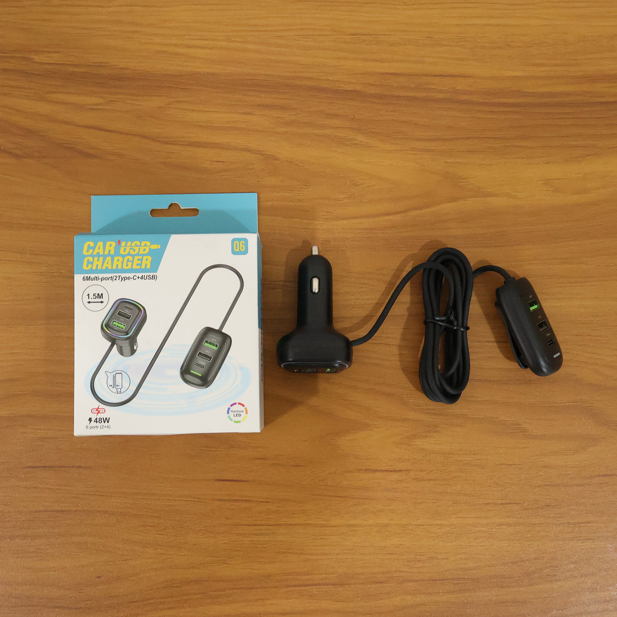 Multi-Port Car Charger with Type-C & RGB Light, 1.5m Extension Cable - Great Price - Image 2