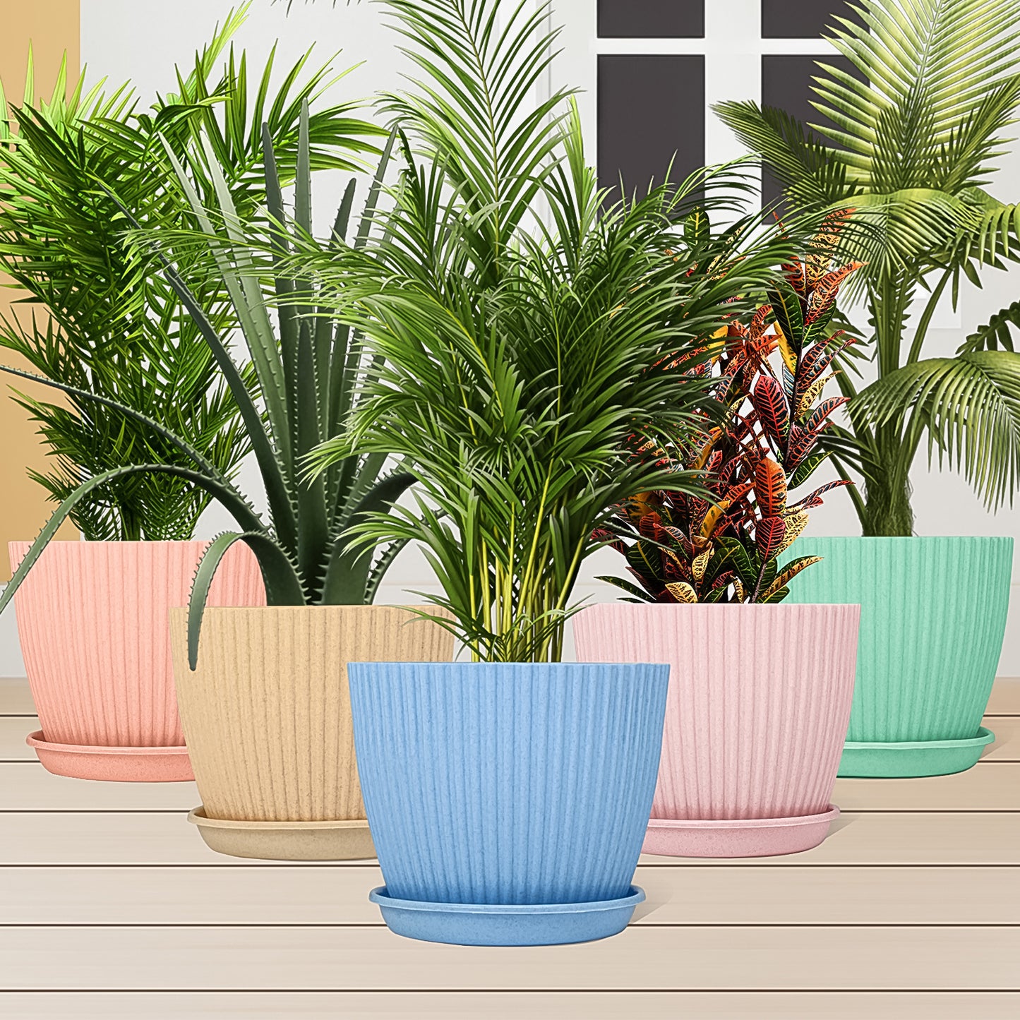 Set of 5 Round Plastic Plant Pots with Saucer Trays - Happy Price - Image 4