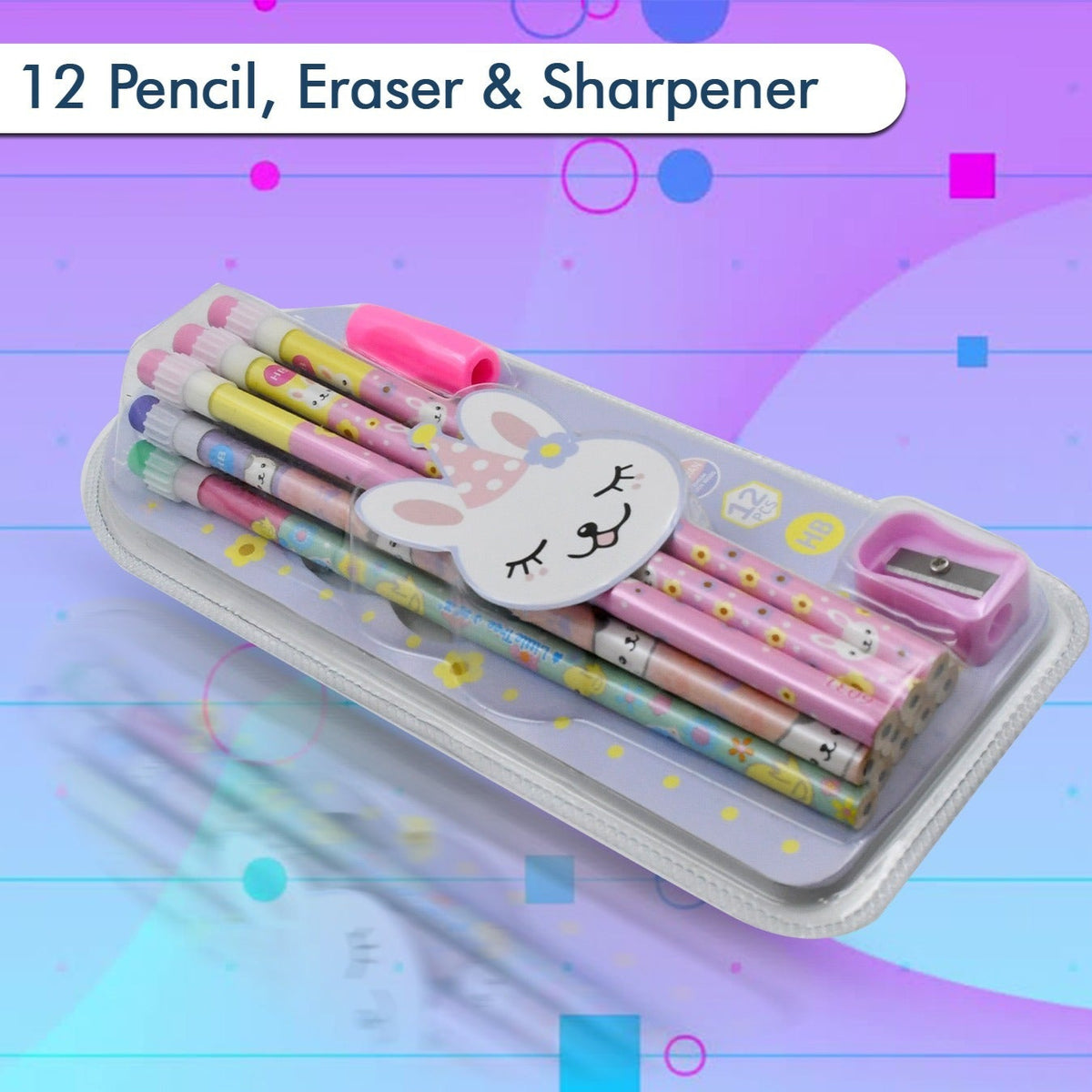 Cute Rabbit Bear Drawing Graphite Writing Pencil Set With Pencil Sharpener Eraser Pencil And Eraser Set With Eraser For Kids For Girls Fancy School Stationary Birthday Party Return Gift (14 Pc Set) - Happy Price - Image 1