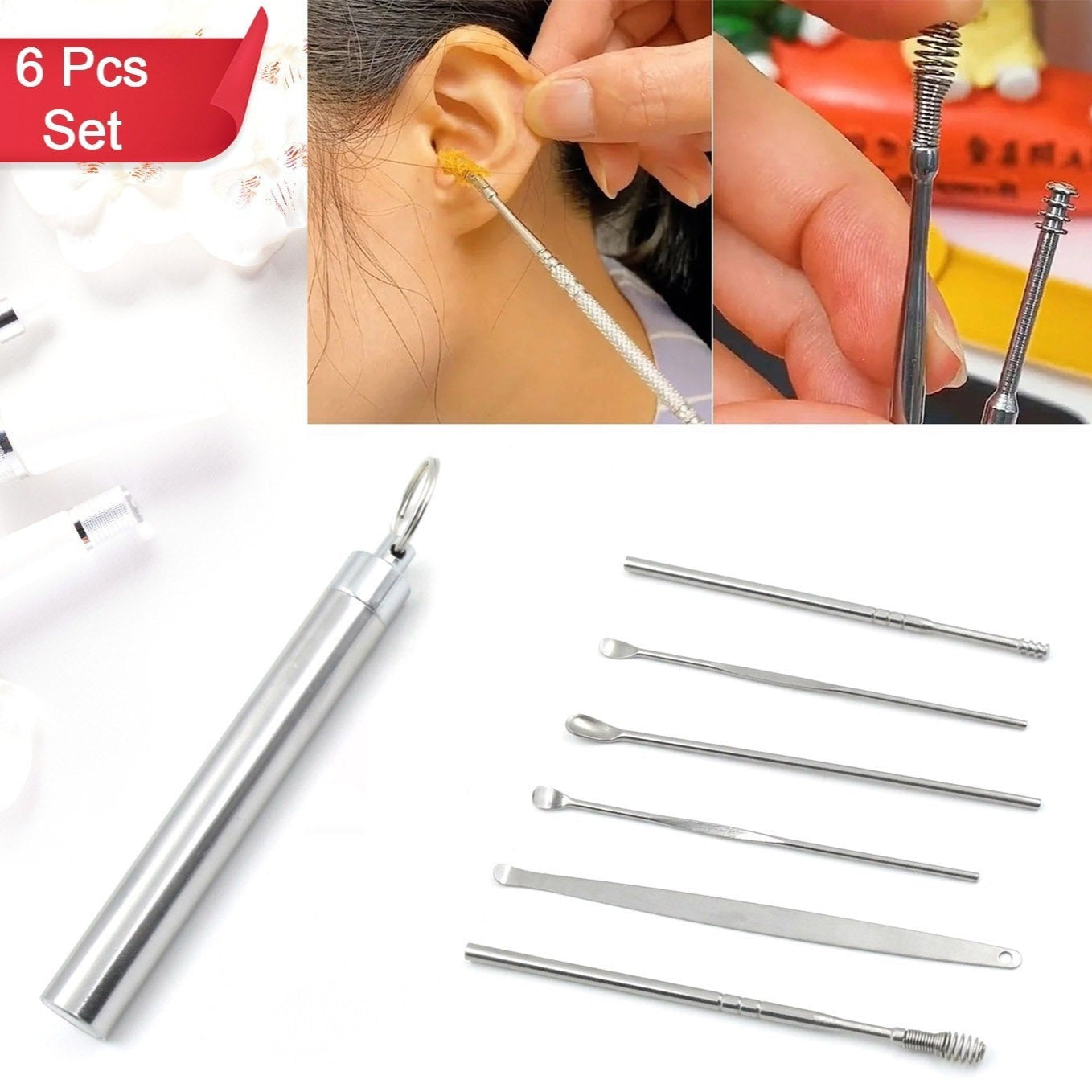 6pcs Ear Wax Removal Kit With Keychain Holder Ear Cleansing Tool Set Ear Curette Ear Wax Remover Tool For Outdoor Camping Travel Picnic (6 Pc) - Happy Price - Image 1
