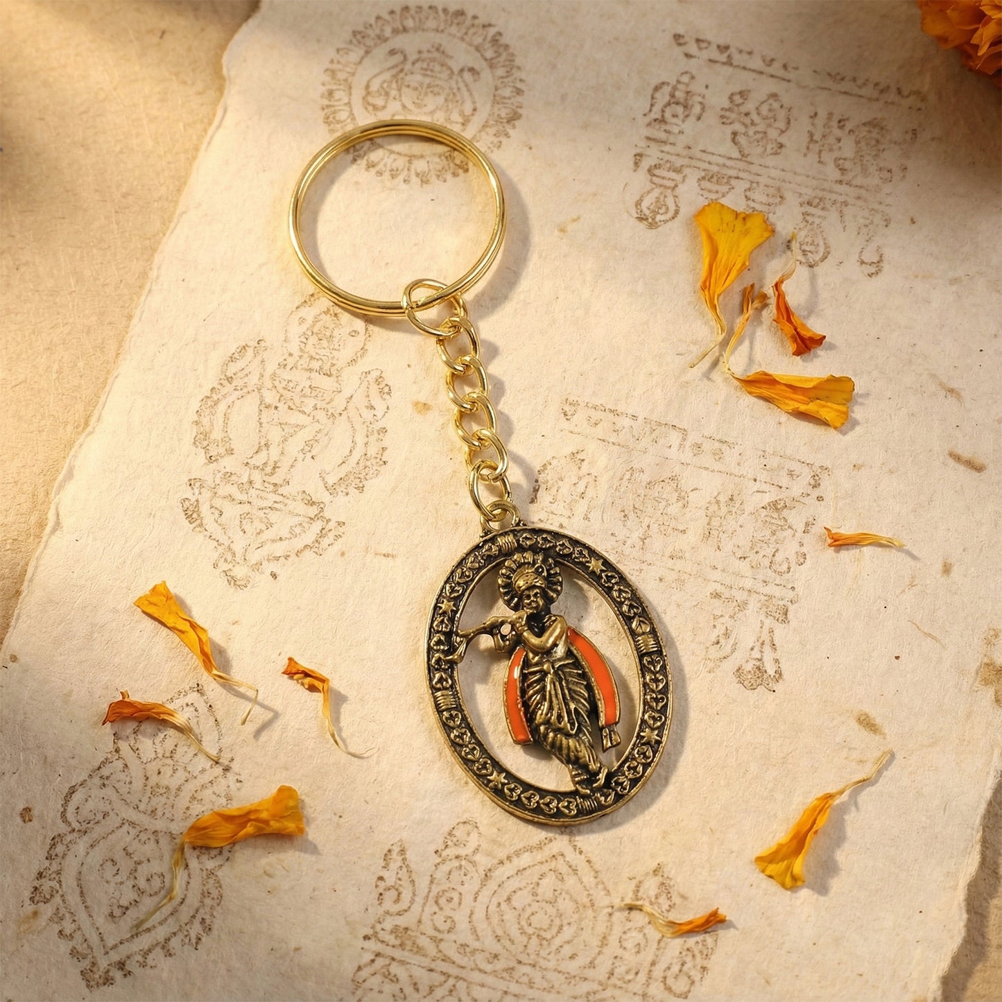 Lord Krishna Metal Keychain - Antique Finish Decorative Religious Key Ring (1 Pc) - Happy Price - Image 2