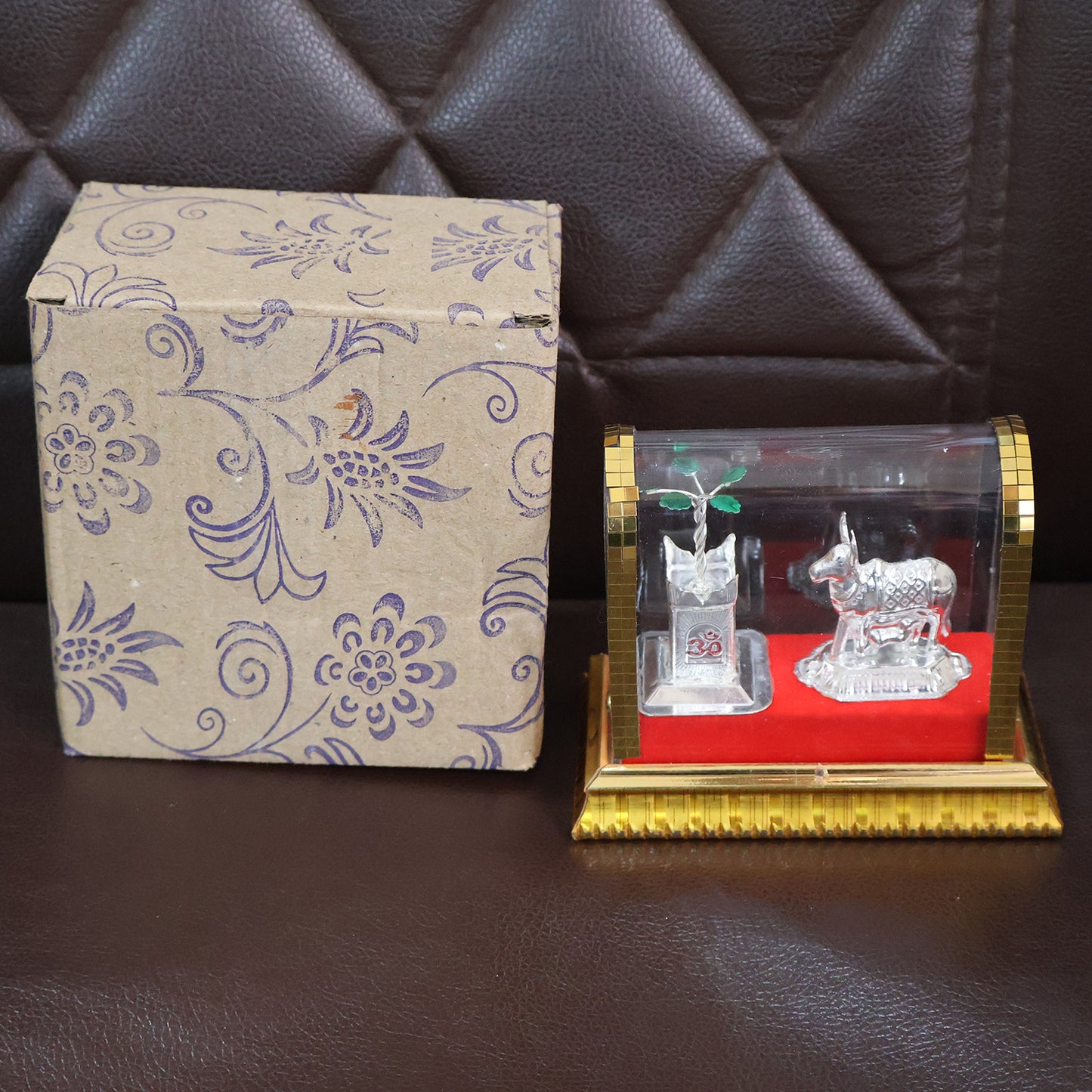 Silver-Plated Kamdhenu Cow with Calf and Tulsi Idol Set in Acrylic Case - Happy Price - Image 7