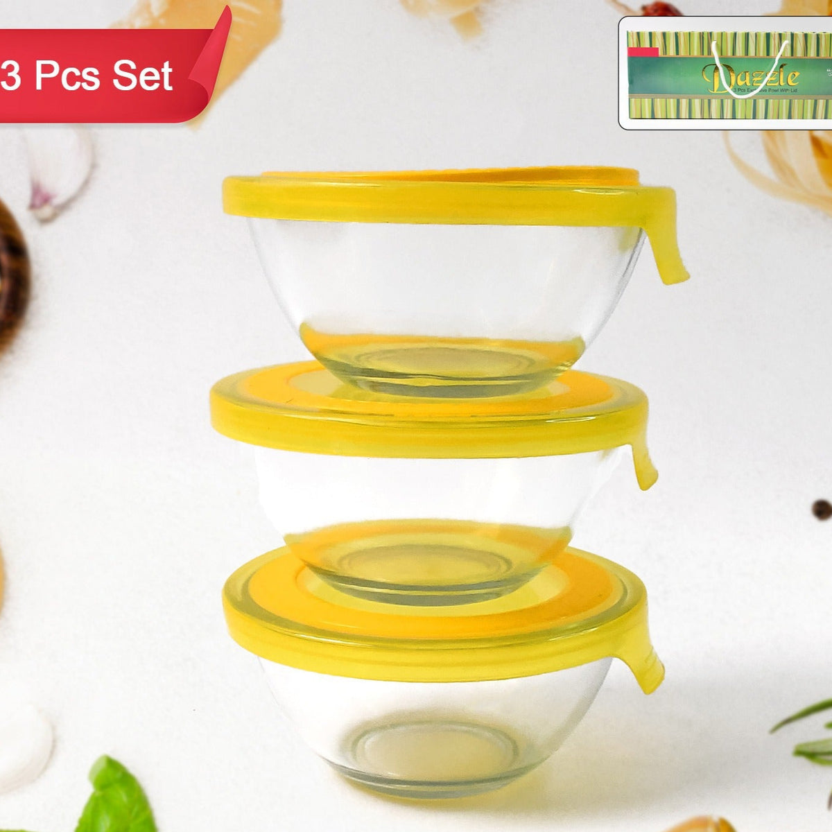 Dazzle Glass Bowl Set Mixing Storage Bowls With Lids (3 Pcs Set) - Happy Price - Image 1