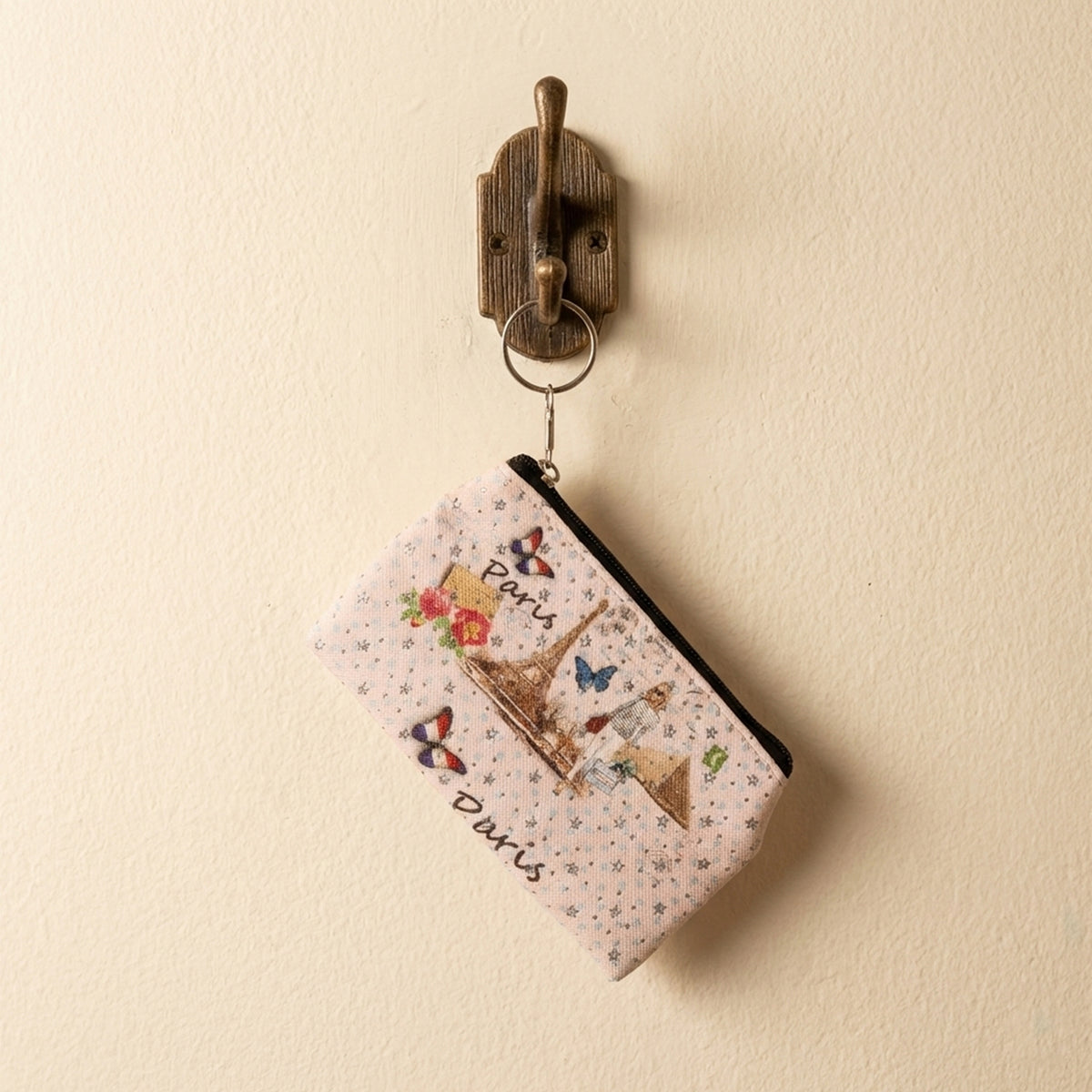 Small Paris Print Zipper Pouch with Key Ring - 1 Pc - Happy Price - Image 6