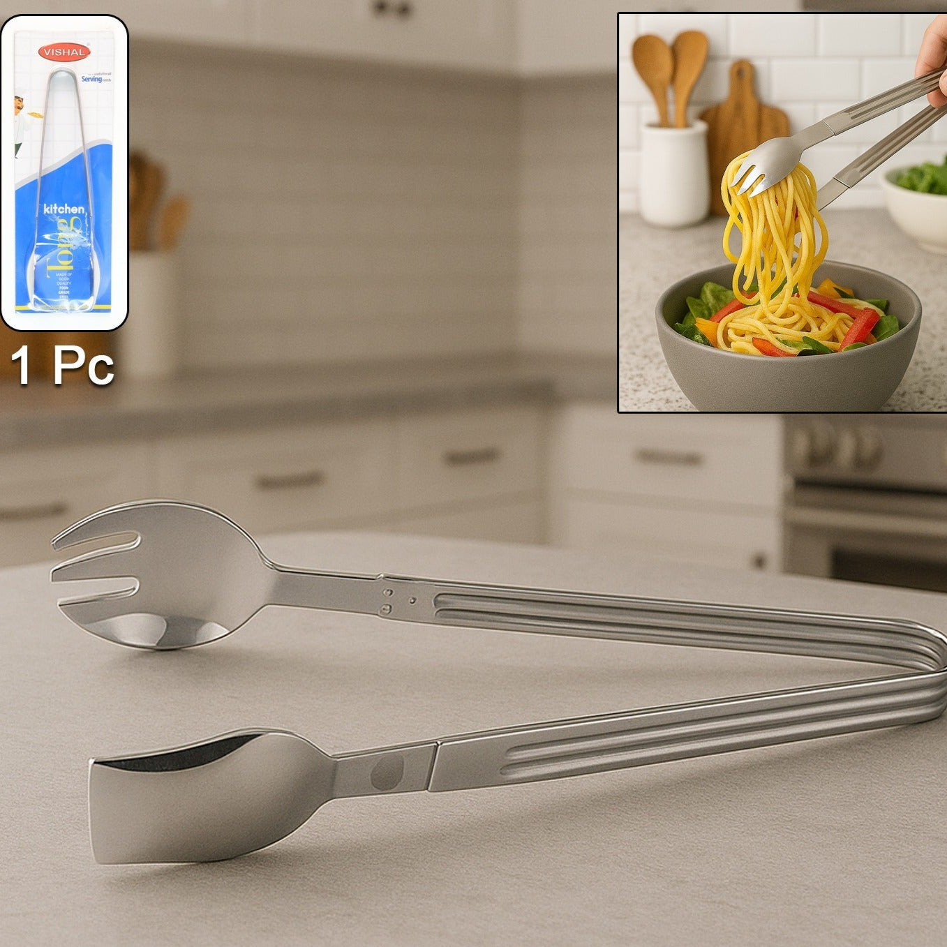 Stainless Steel Multipurpose Serving Tong 2-in-1 Pasta Salad Tong (1 Pc) - Happy Price - Image 1