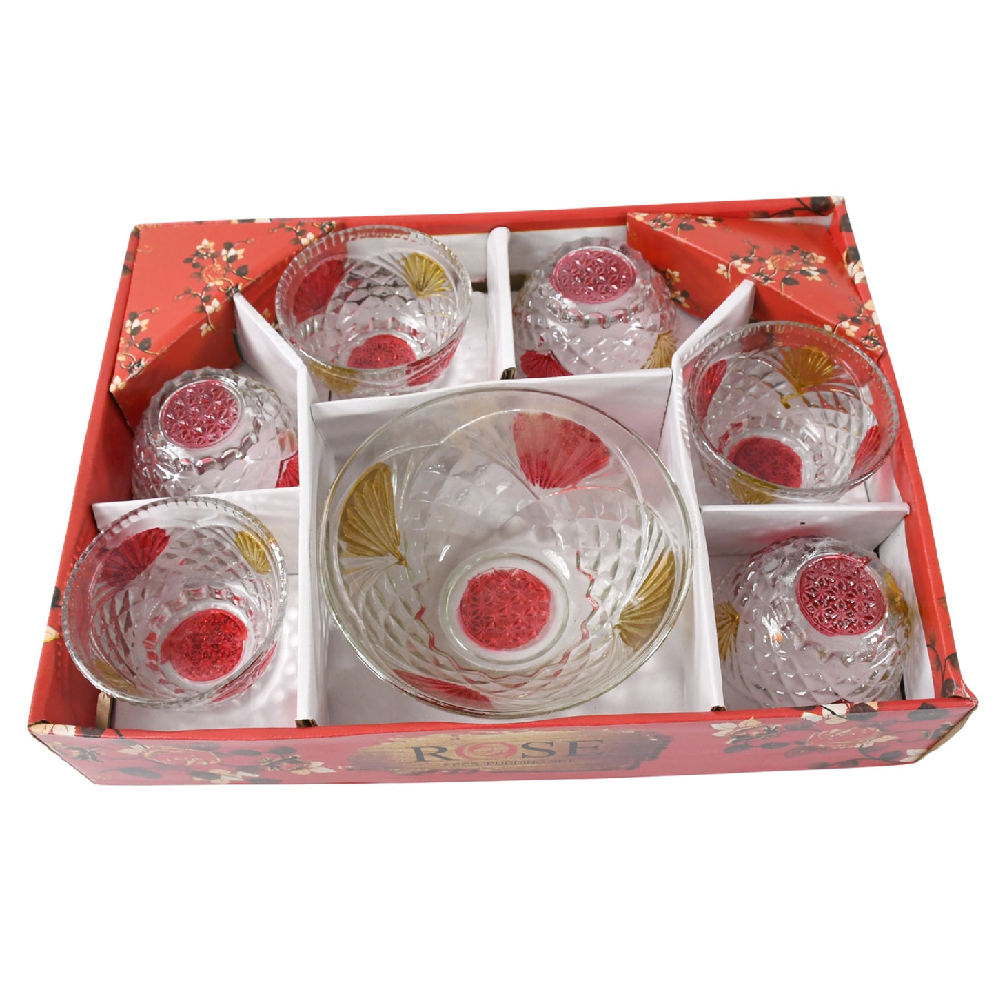 Rose Glass Multipurpose Pudding Dessert Ice Cream Bowl Set For Home Use Home Kitchen Serving Bowl For Sundae Sweets Snacks Fruit Pudding Nuts Or Dip Serving Bowls 6 Medium 1 Big Bowl (Set Of 7 Pc) - Happy Price - Image 4
