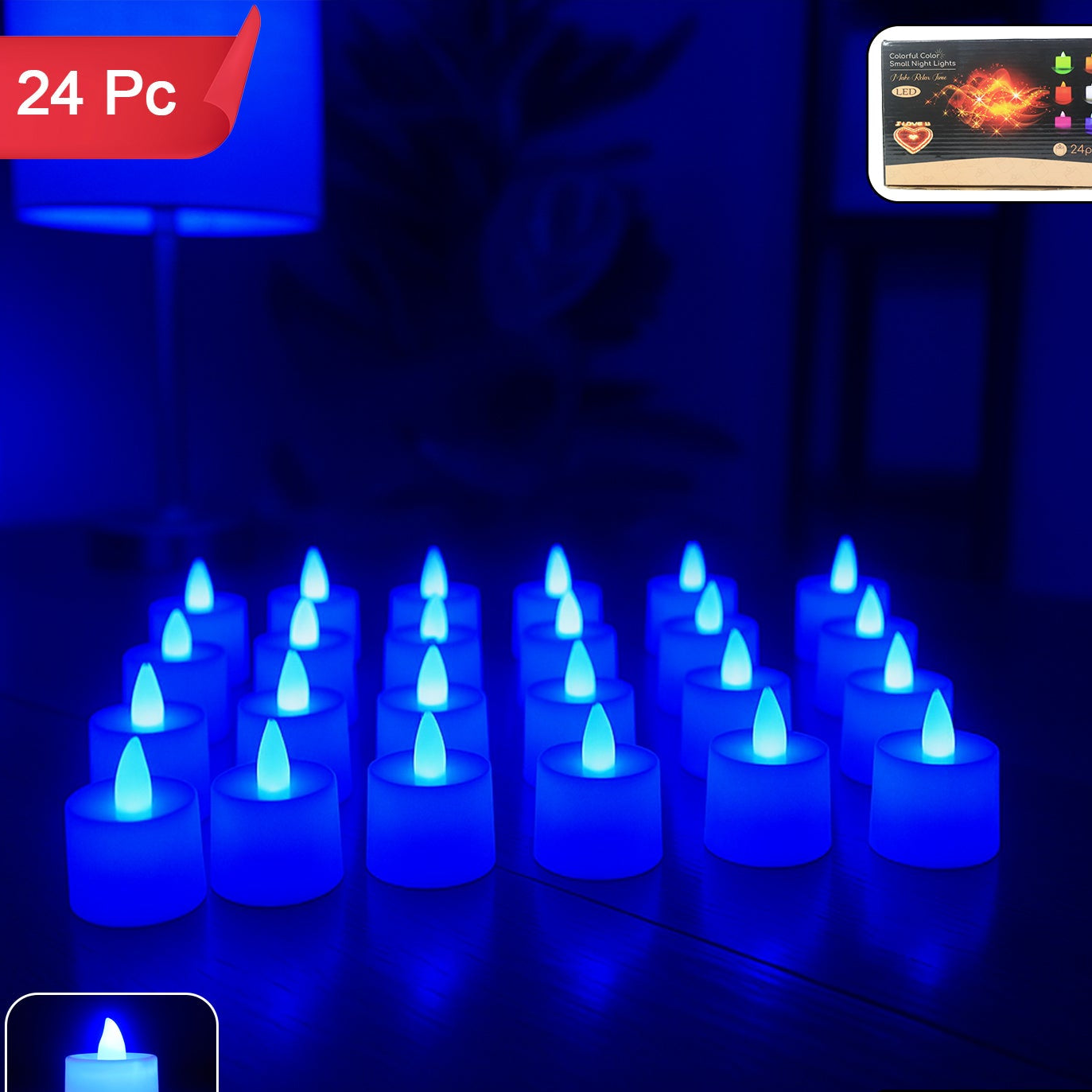 24 Pc Blue LED Flameless Tea Light Candles for Festive Decor - Happy Price - Image 1