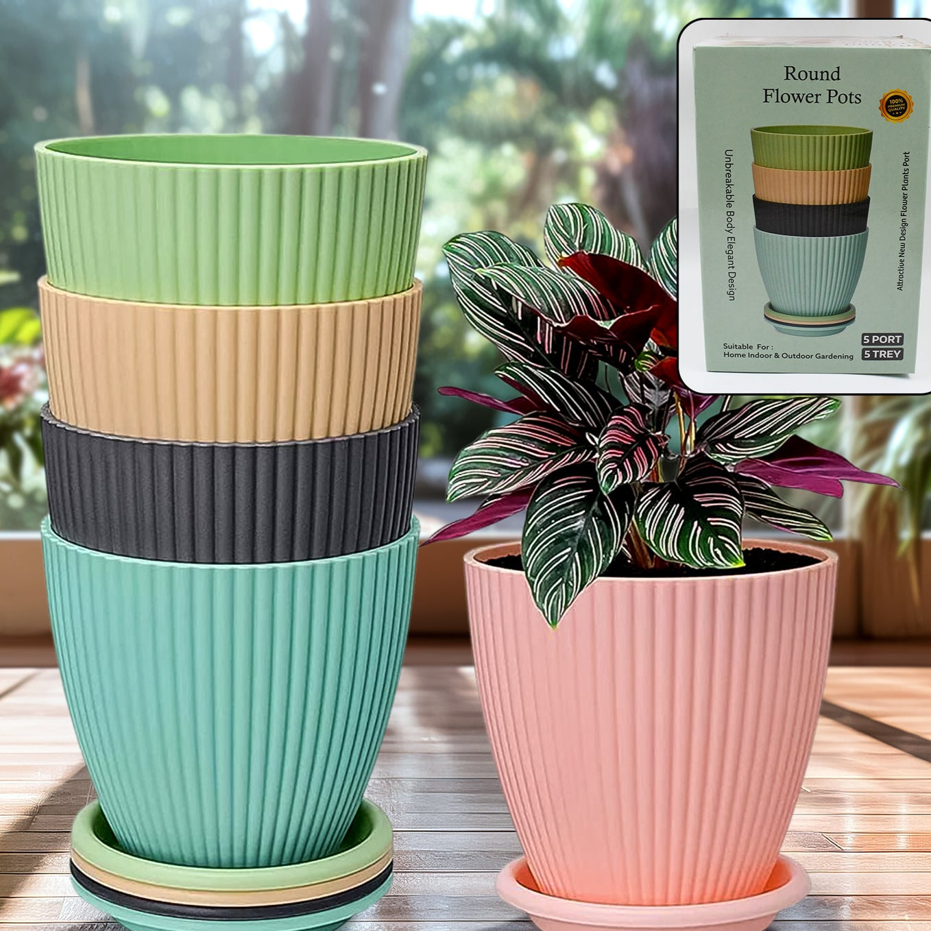 Plastic Flower Pot With Bottom Tray (5 Pcs Set) - Happy Price - Image 1