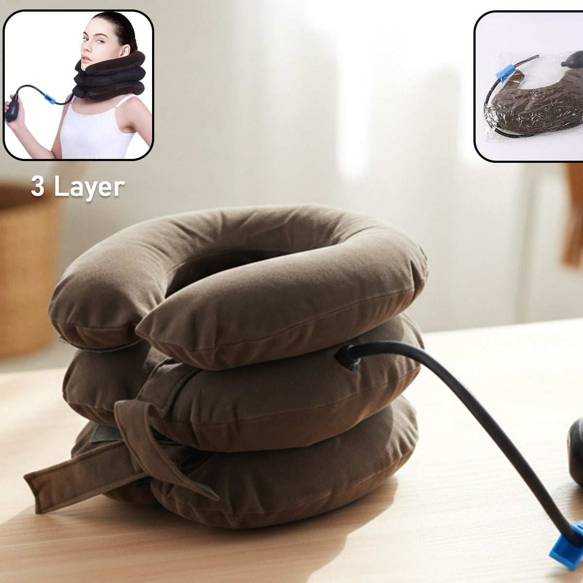3 Layer Inflatable Cervical Neck Traction Collar with Air Pump - Neck Pain Relief & Posture Support (1 Pc) - Happy Price - Image 1